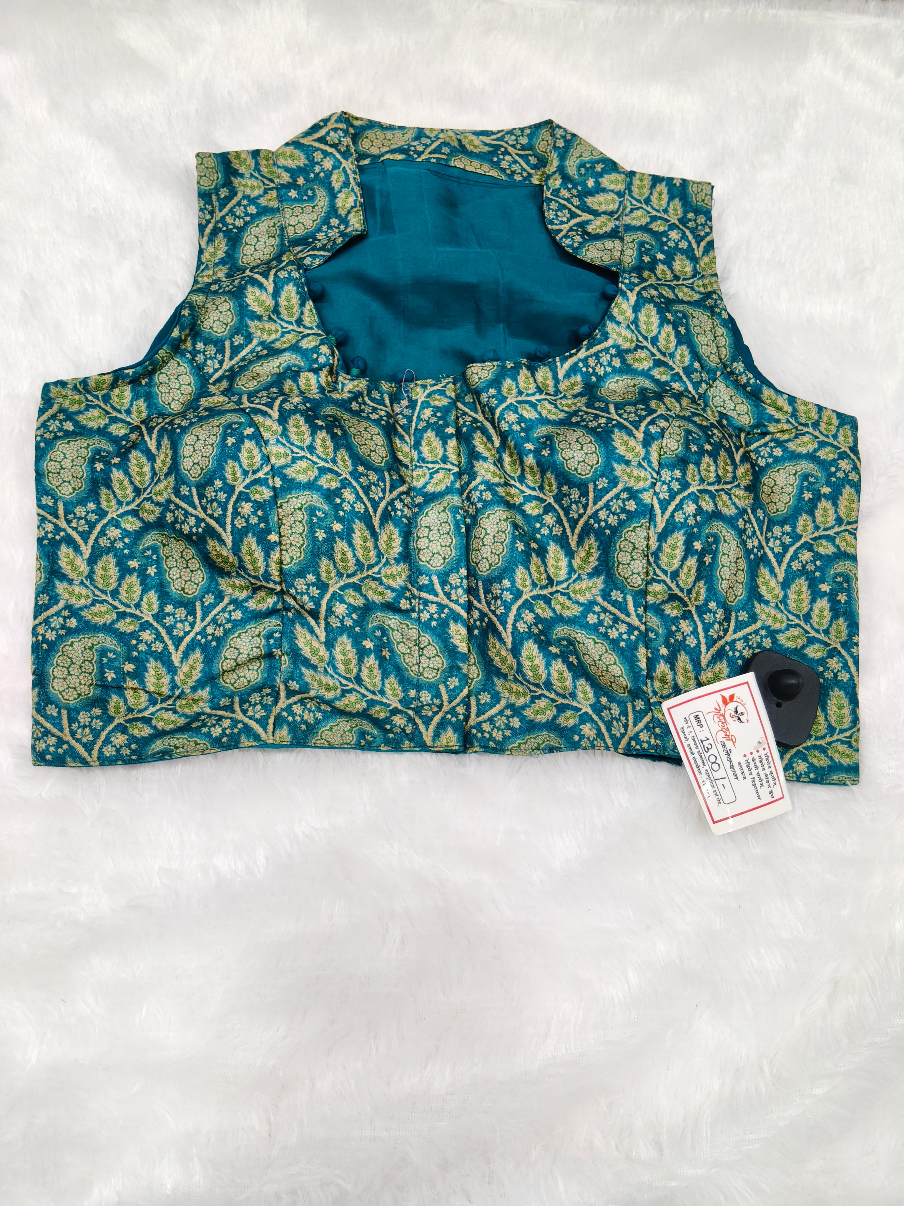 Premium Teal Blue Floral Cotton Silk Mix Designer Blouse – Collared Neck