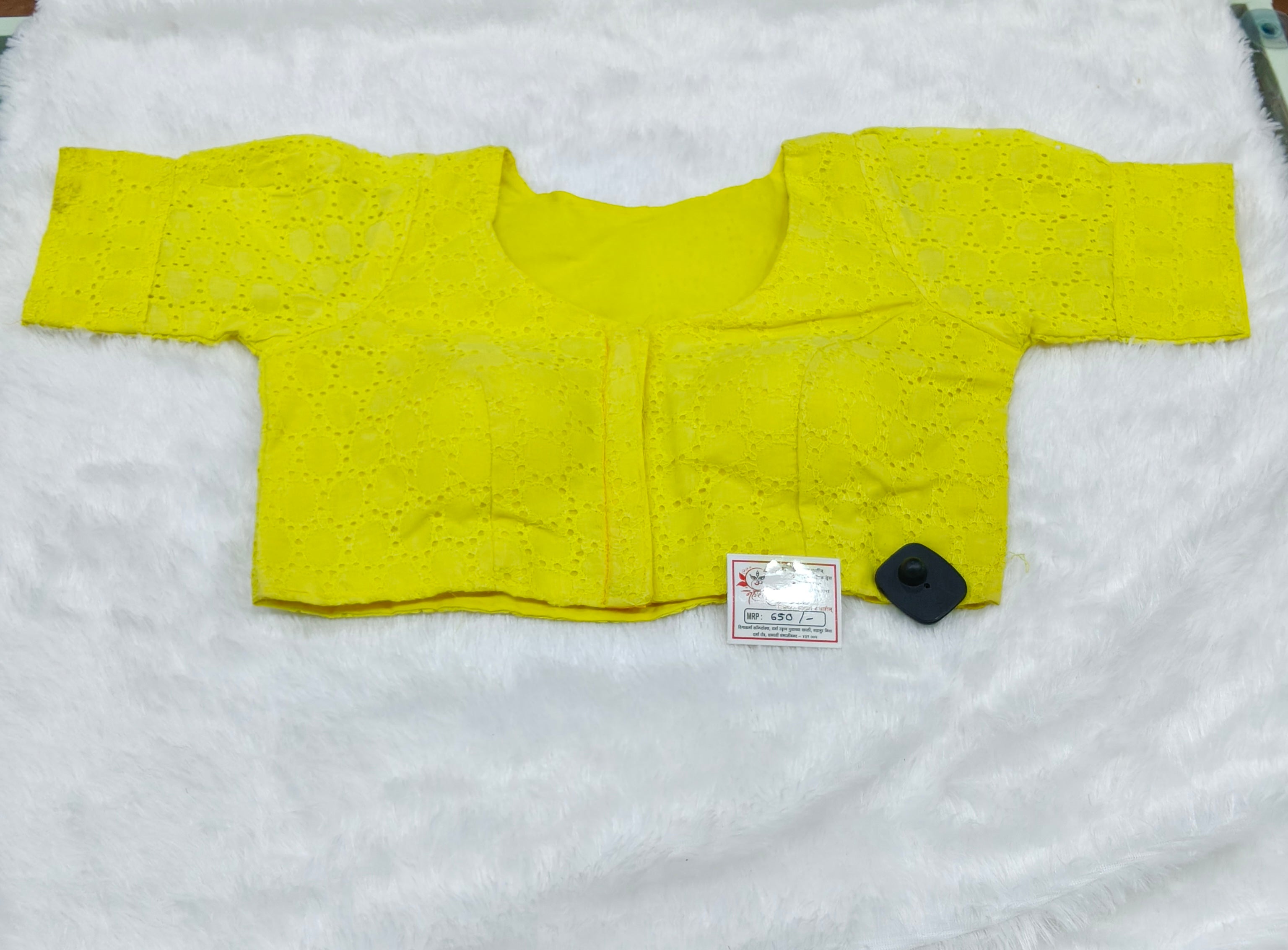 Lemon Yellow Pure Cotton Embroidered Designer Blouse – Front Open
