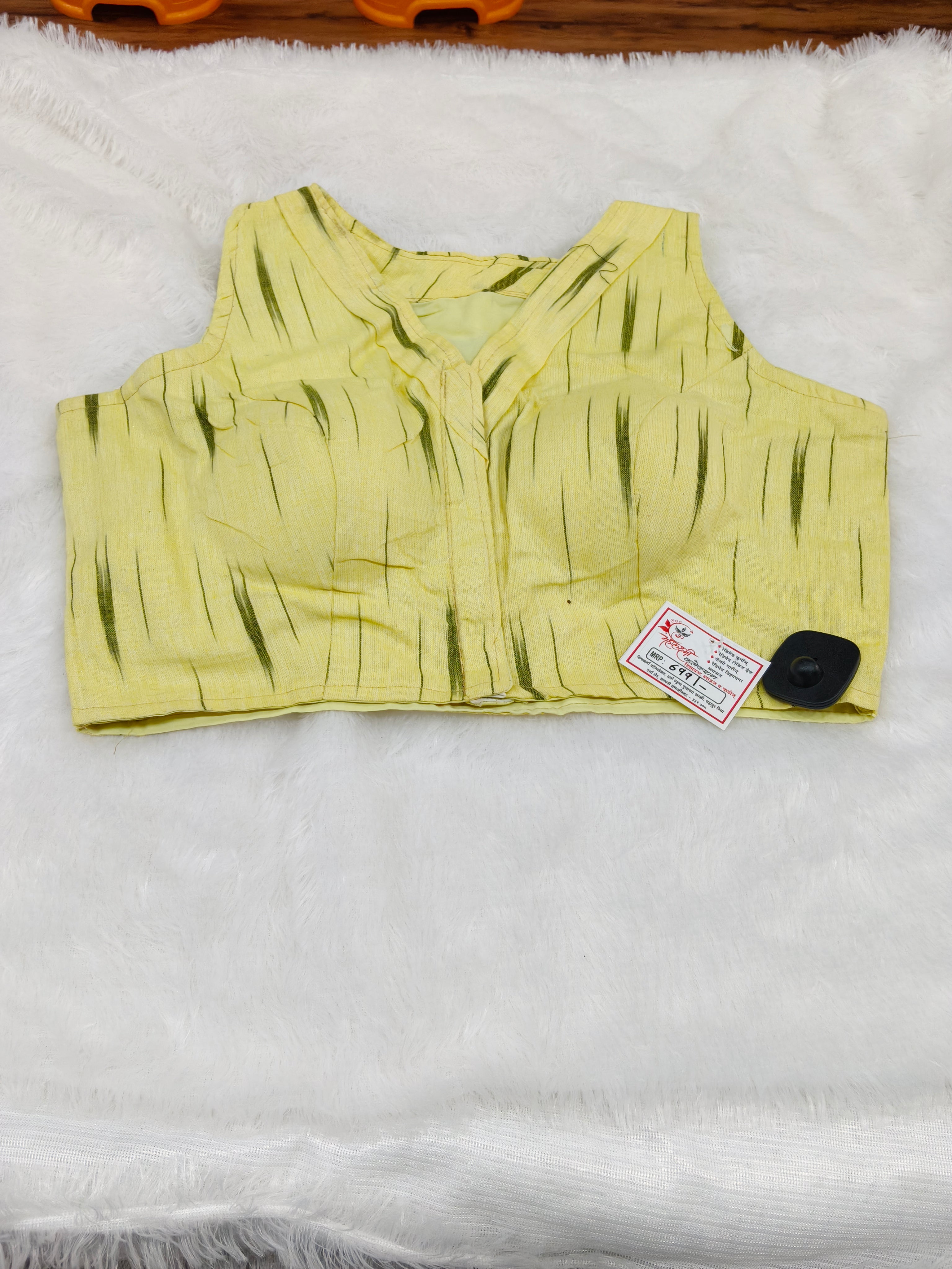 Light Yellow Ikkat Cotton Designer Blouse – Sleeveless V-Neck