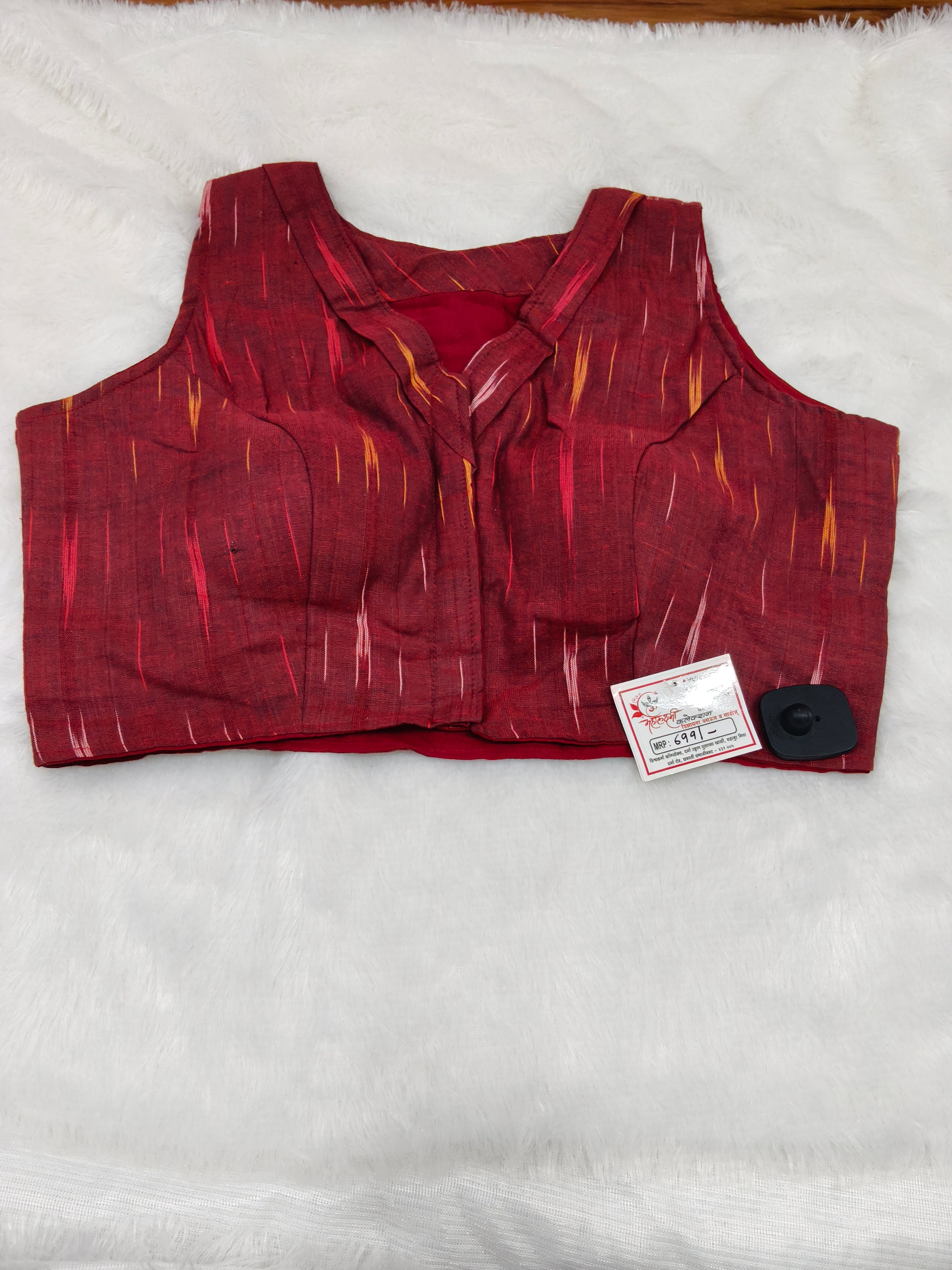 Maroon Ikkat Cotton Designer Blouse – Sleeveless V-Neck