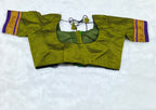 Olive Green Khann Cotton Designer Blouse with Traditional Border Sleeves