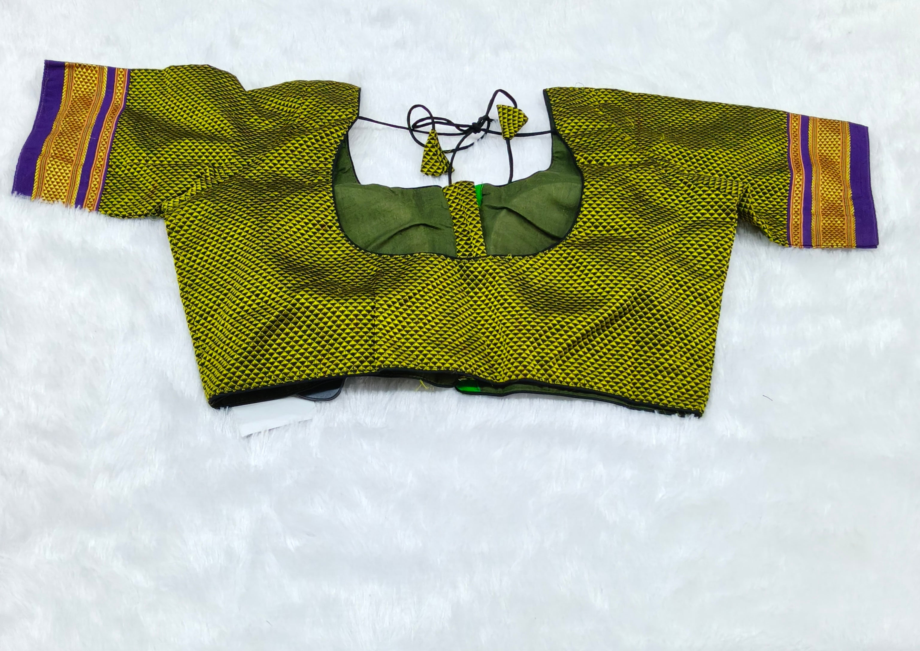 Olive Green Khann Cotton Designer Blouse with Traditional Border Sleeves