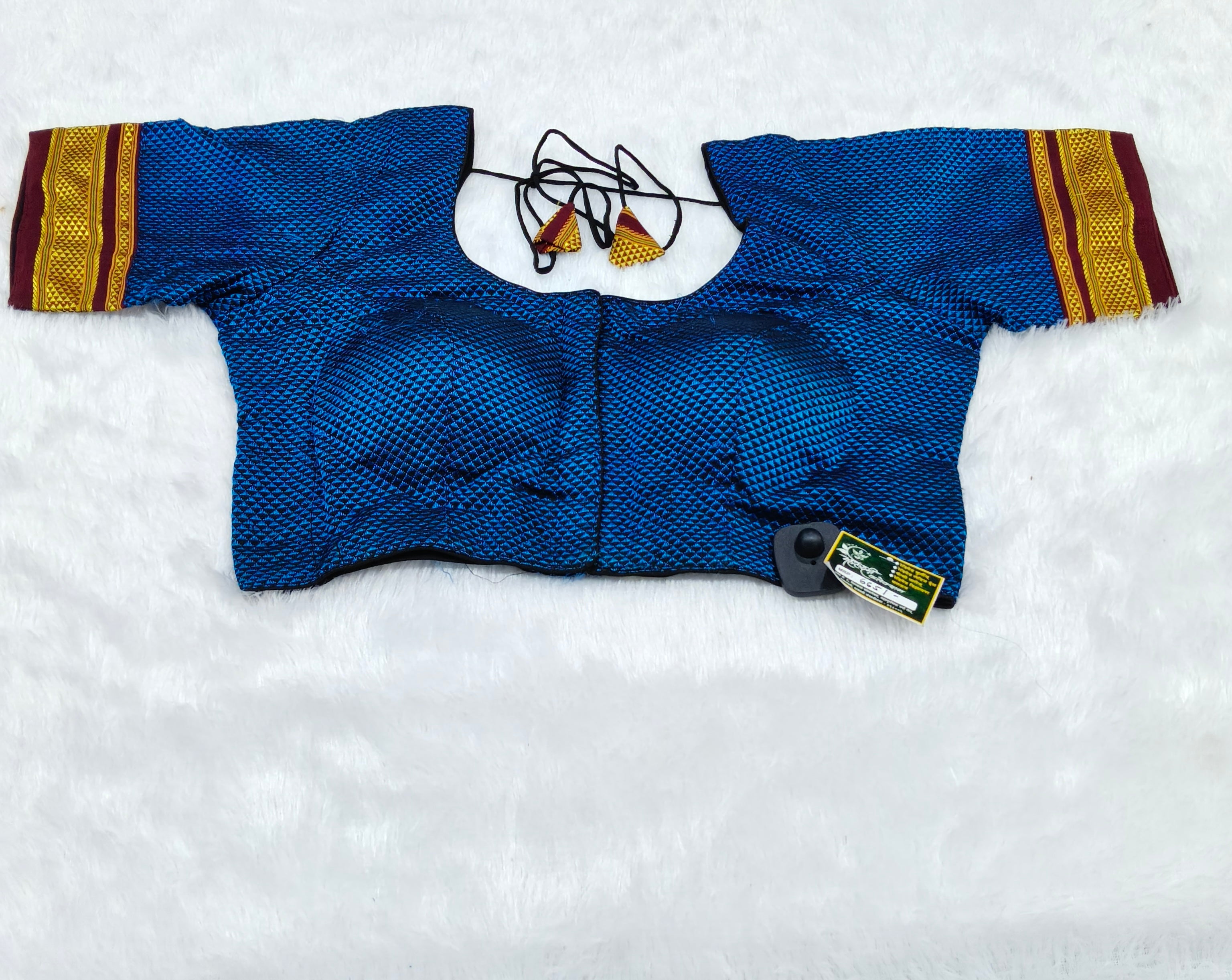 Royal Blue Khann Cotton Designer Blouse with Traditional Gold Border Sleeves