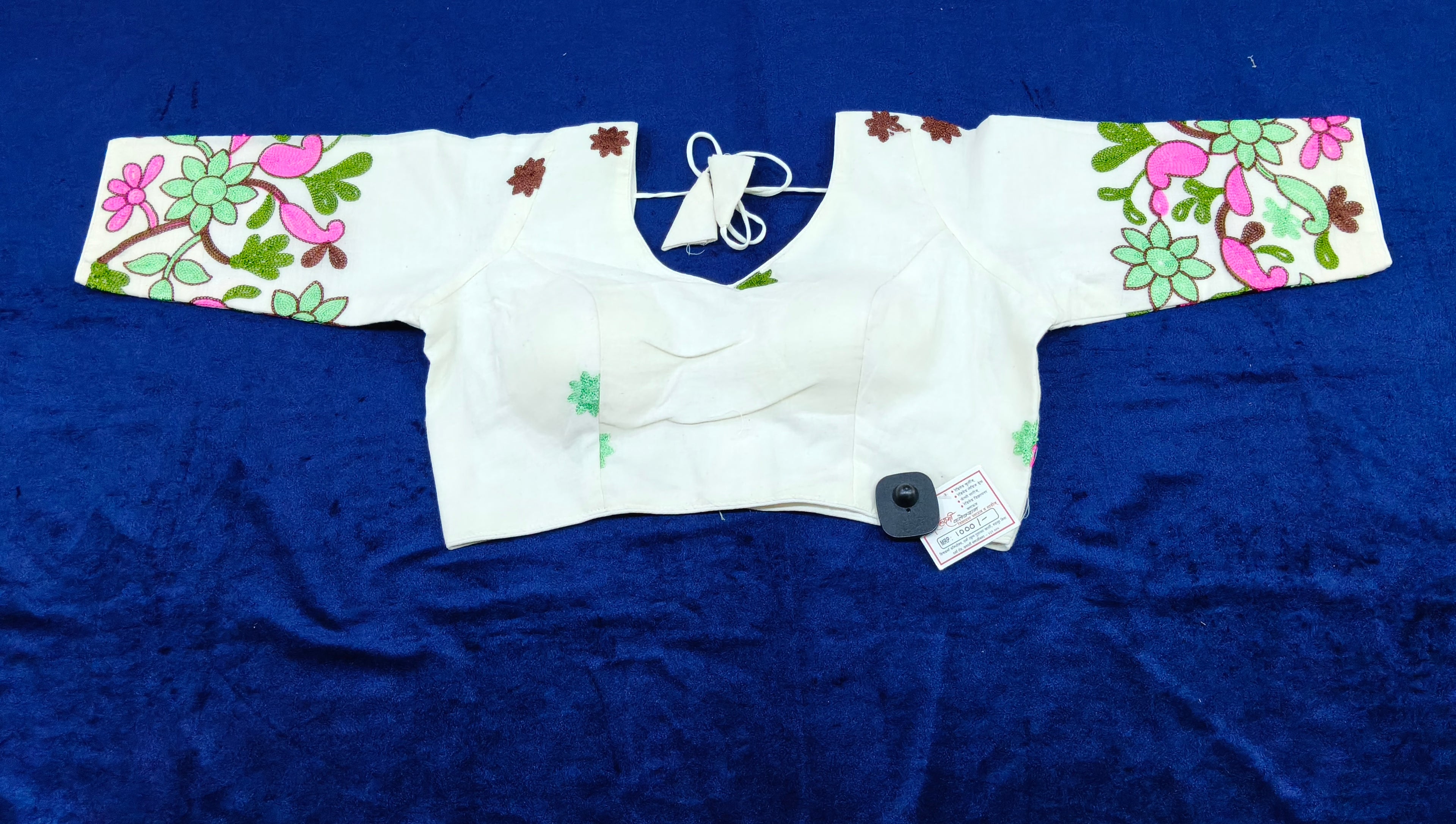 Off White Khadi Cotton Designer Blouse with Floral Embroidered Sleeves – 3/4th Sleeves