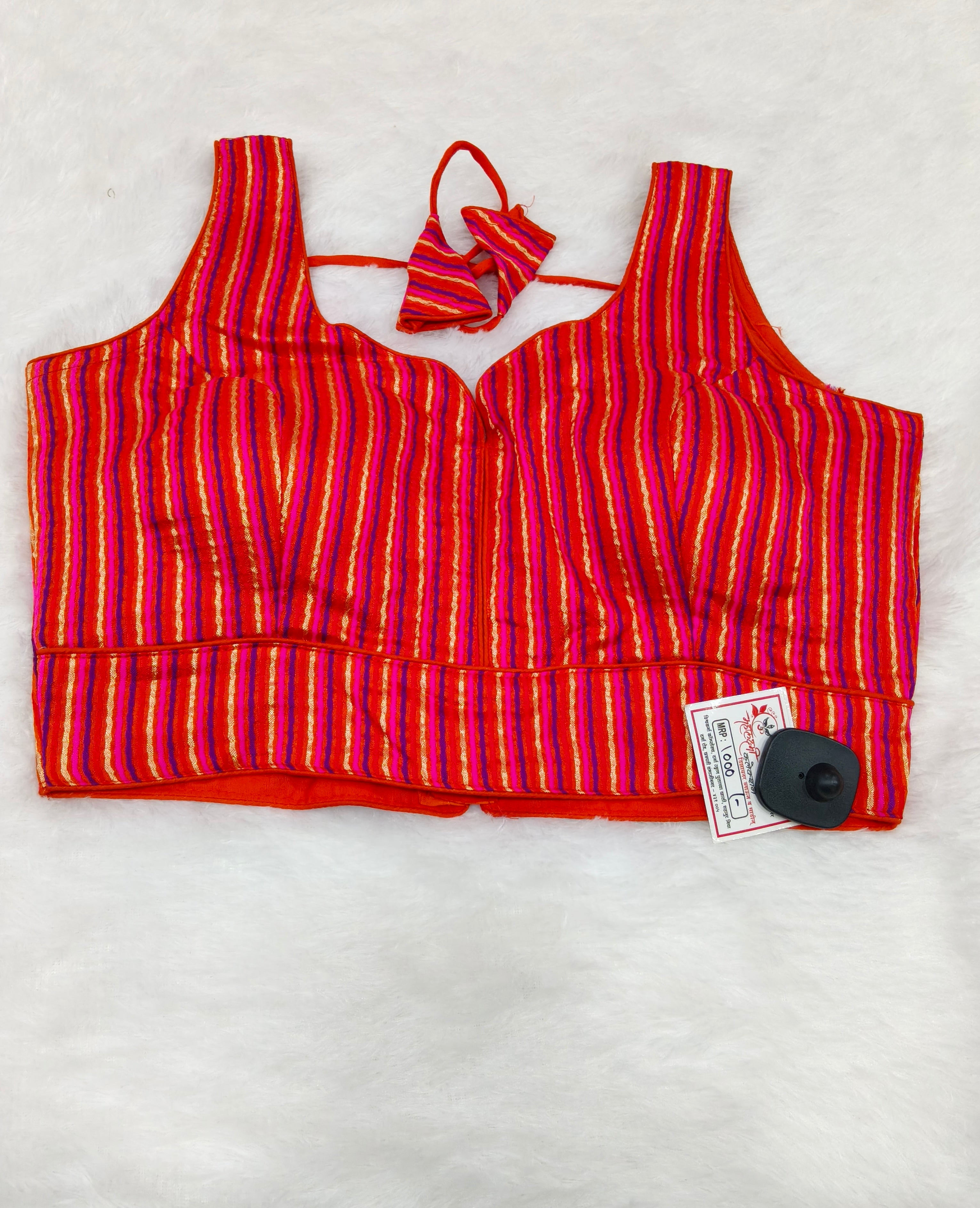 Multi Colour Striped Cotton Designer Sleeveless Saree Blouse | Orange & Pink