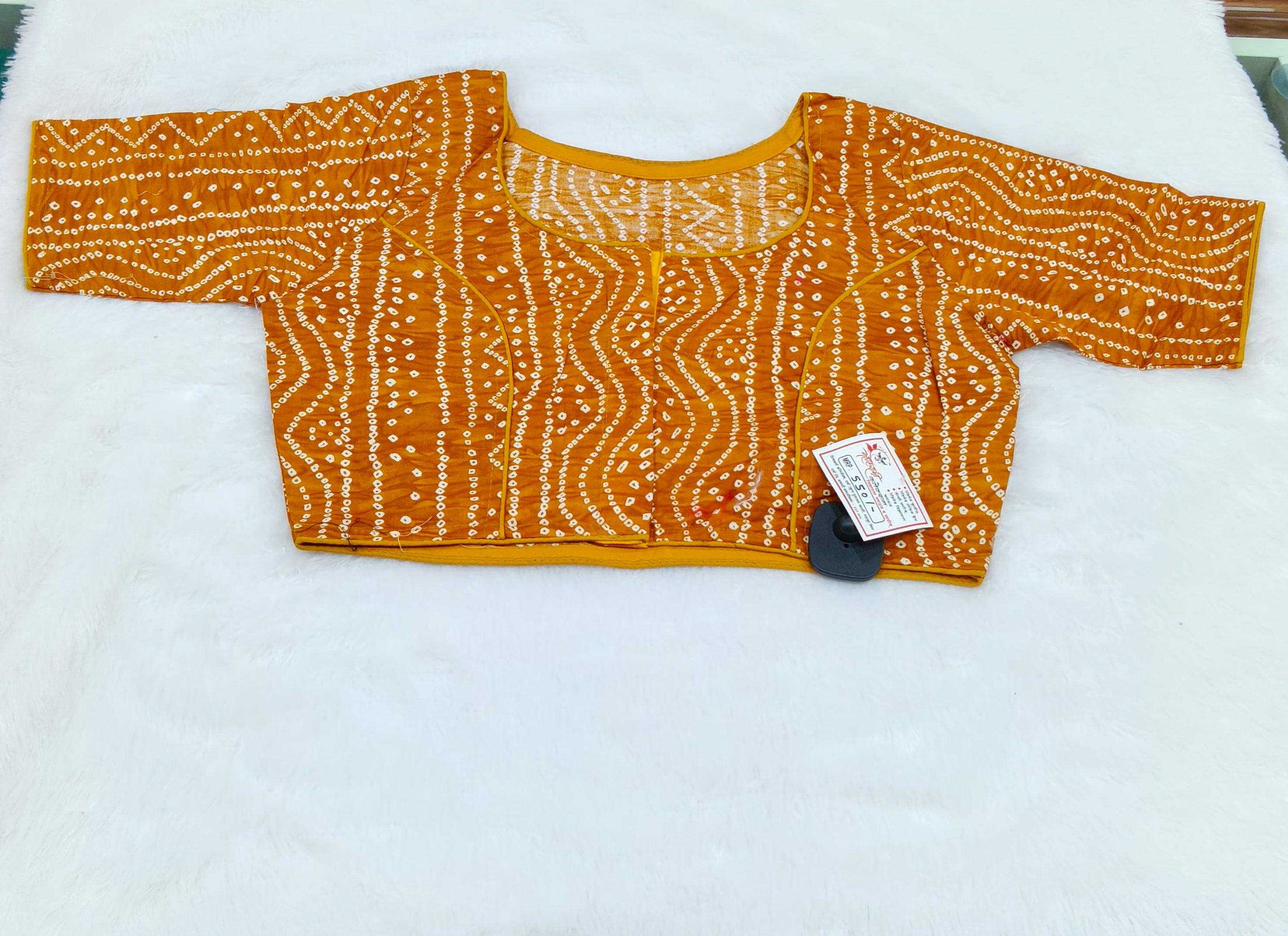 Mustard Yellow Bandhani Printed Pure Cotton Saree Blouse | Readymade