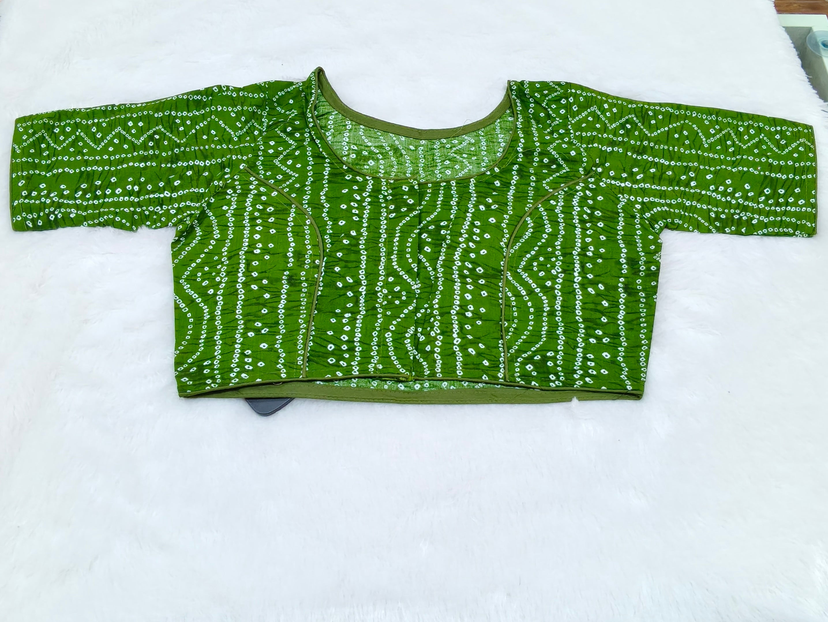 Olive Green Bandhani Printed Pure Cotton Saree Blouse | Readymade
