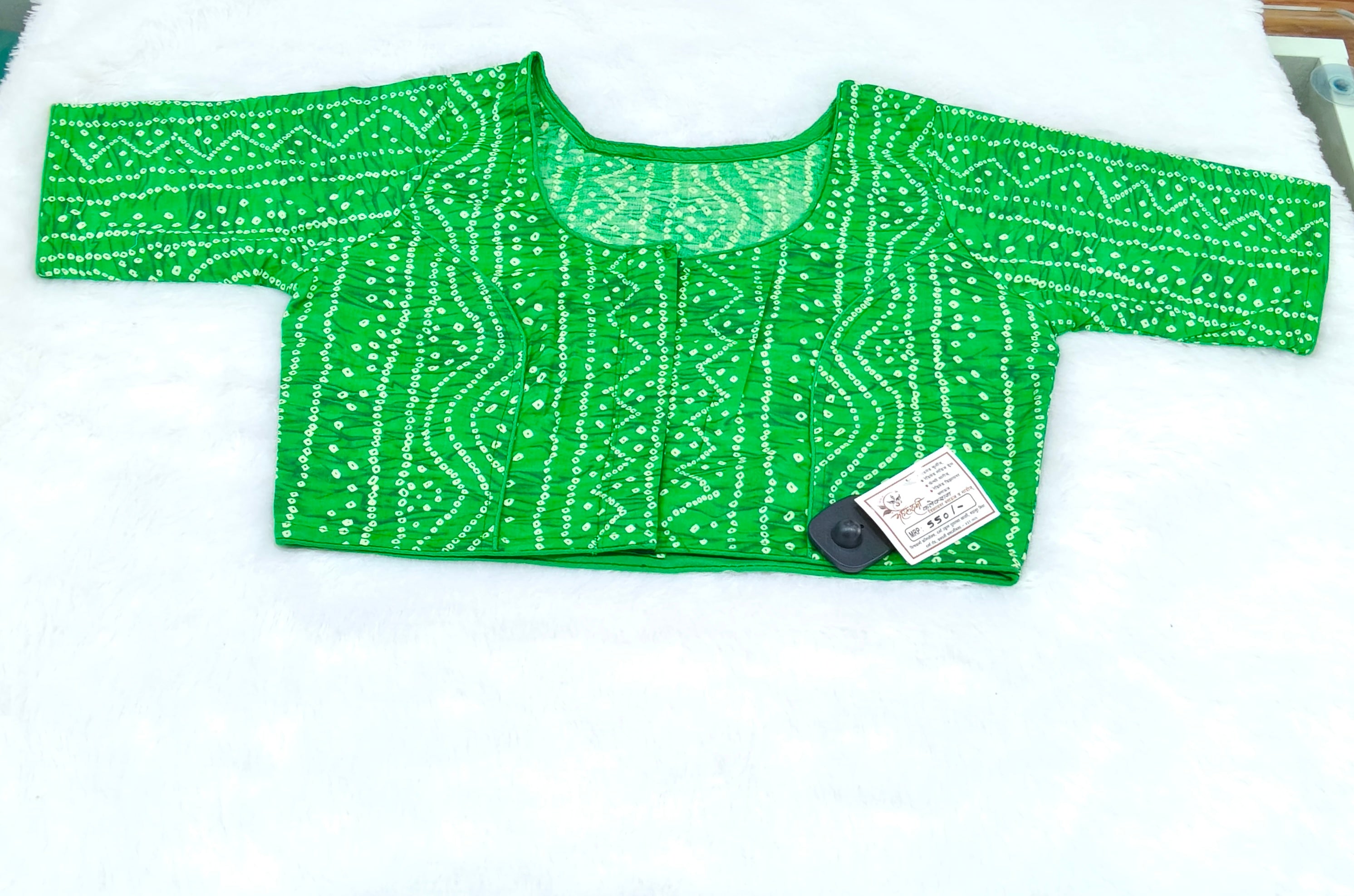 Parrot Green Bandhani Printed Pure Cotton Saree Blouse | Readymade