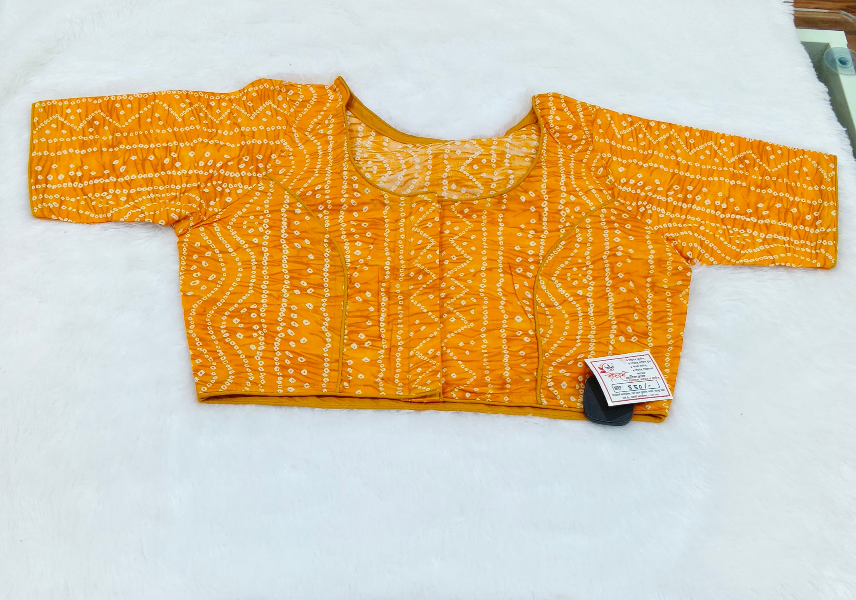 Mustard Yellow Bandhani Printed Pure Cotton Saree Blouse | Readymade