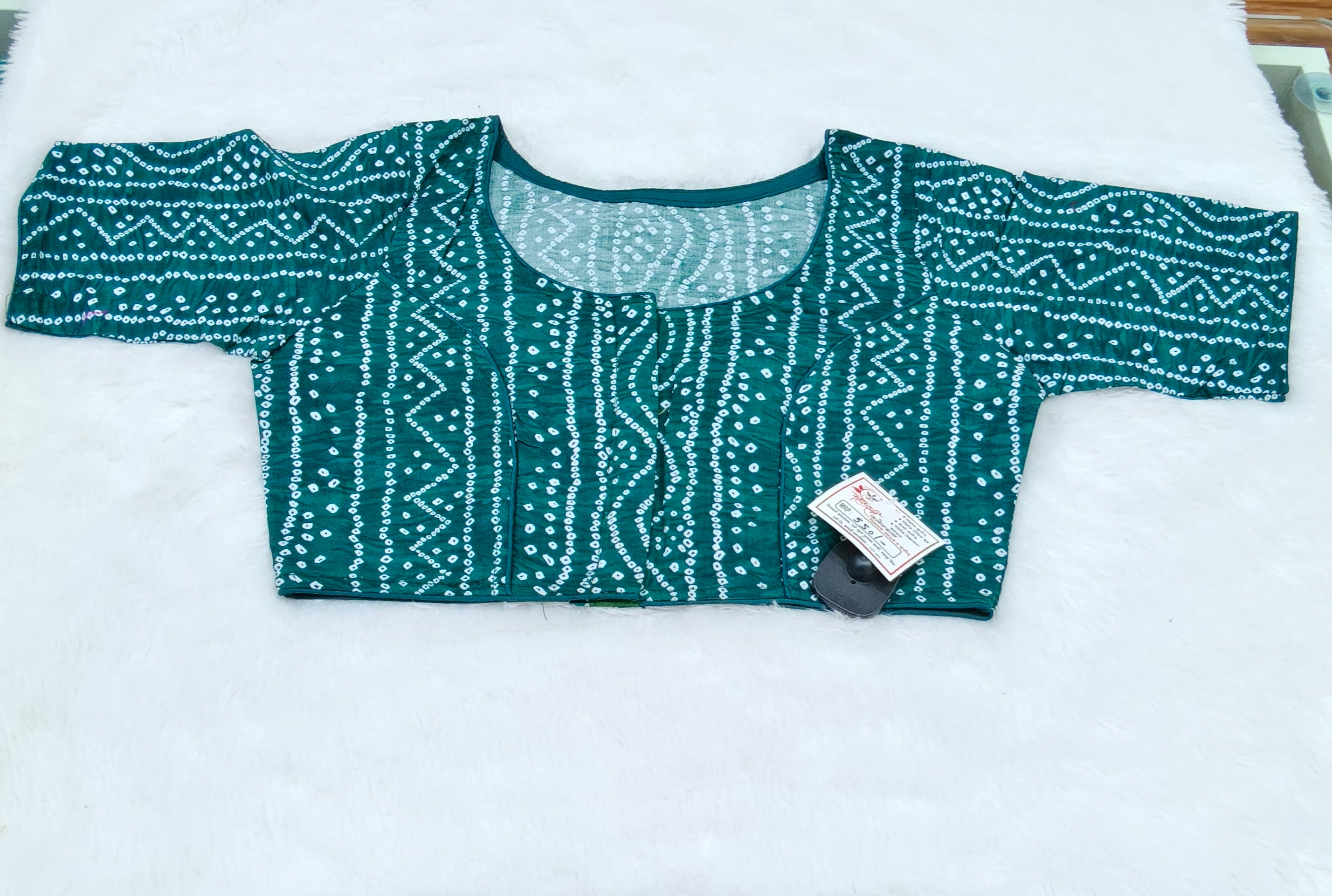 Teal Green Bandhani Printed Pure Cotton Saree Blouse | Readymade