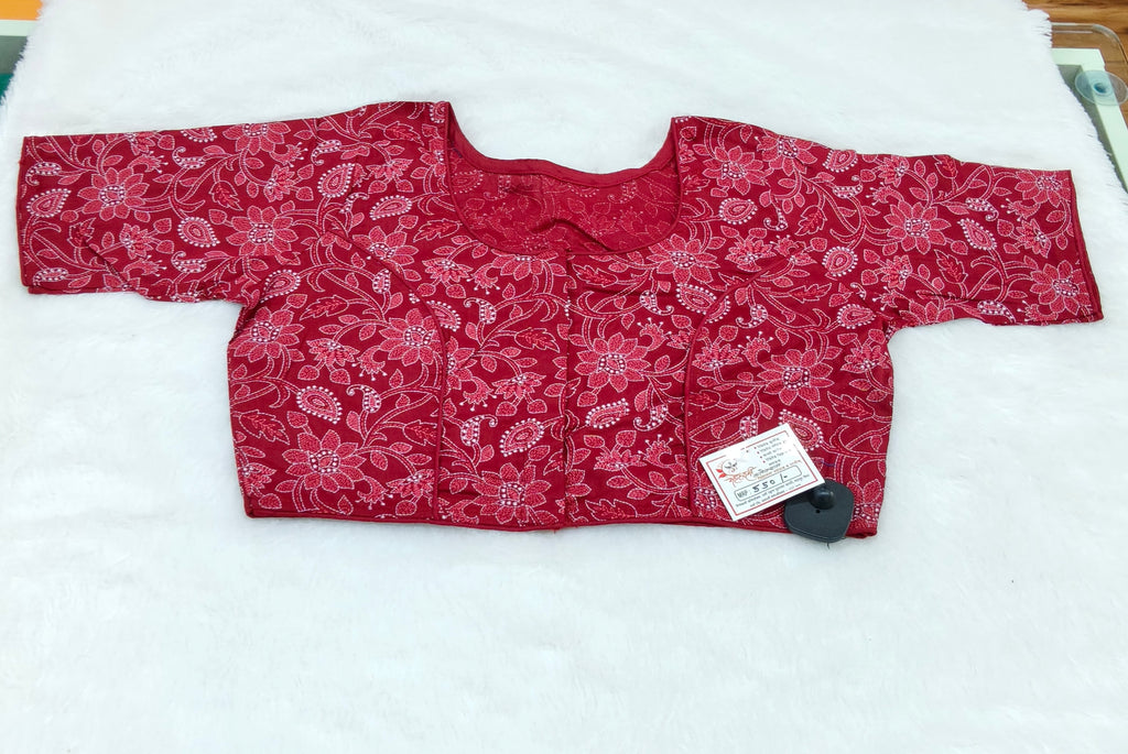 Ruby Red Floral Printed Pure Cotton Saree Blouse | Readymade