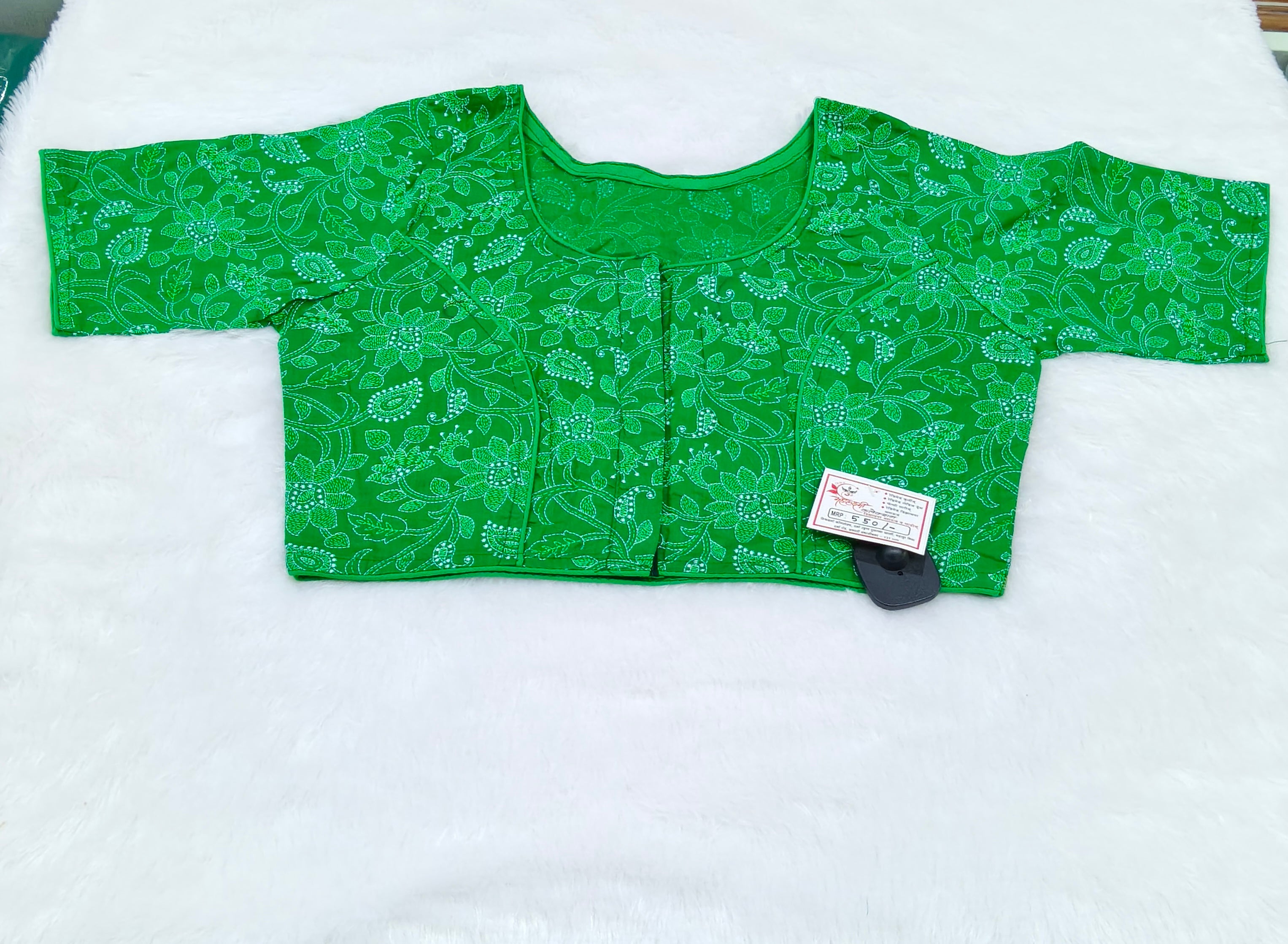 Parrot Green Floral Printed Pure Cotton Saree Blouse | Readymade