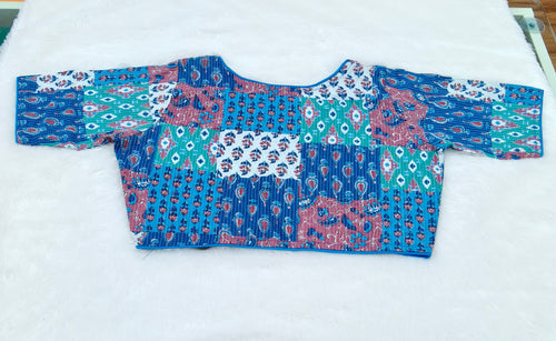 Blue Multi Print Pure Cotton Saree Blouse | Elbow Sleeve
