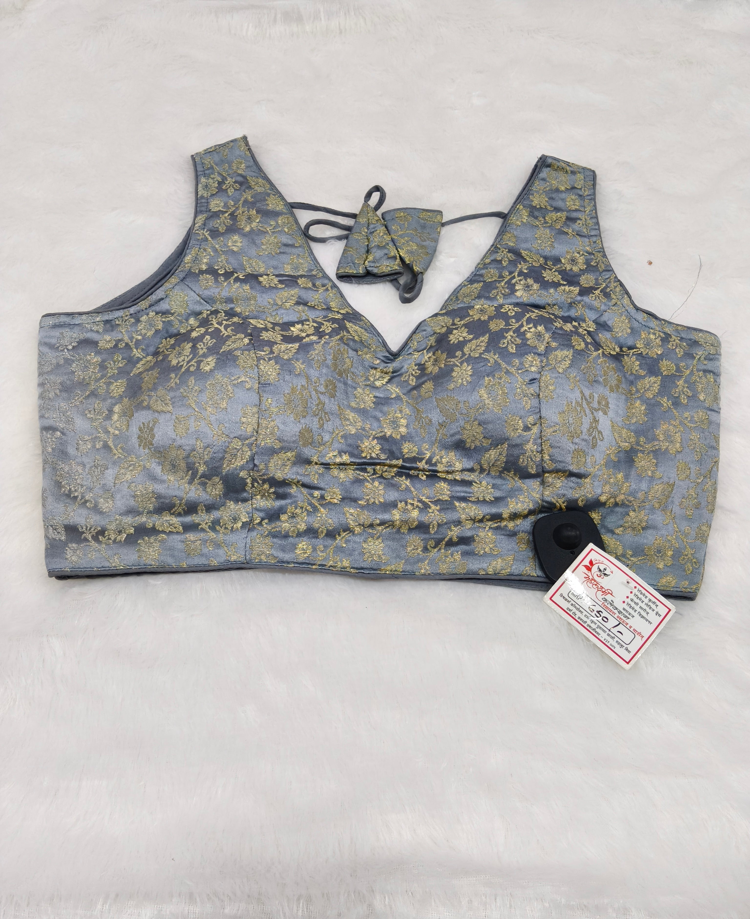 Steel Grey Banarasi Silk Brocade Design Saree Blouse | Readymade