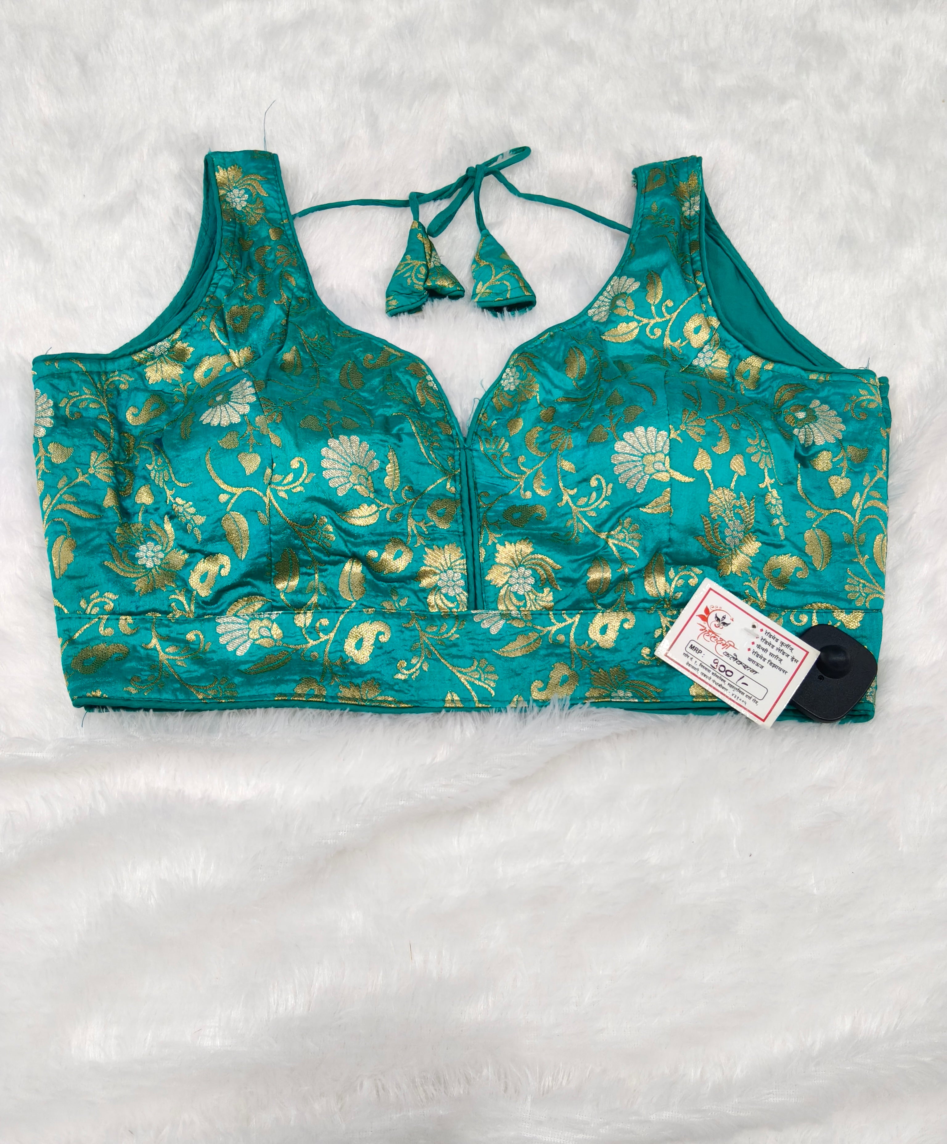 Turquoise Banarasi Silk Gold Silver Brocade Design Saree Blouse | Readymade