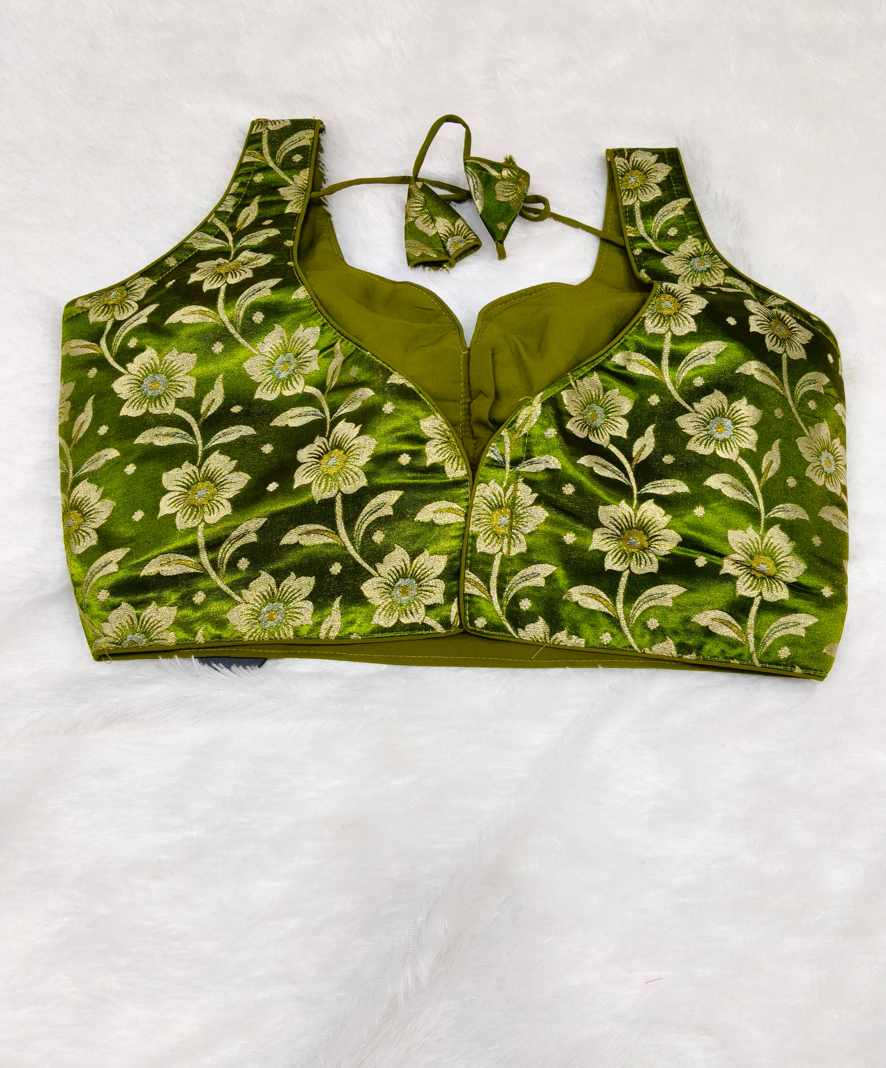 Green Banarasi Silk Green Velvet Floral Design Saree Blouse | Readymade