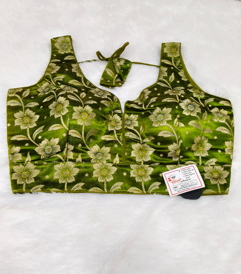 Green Banarasi Silk Green Velvet Floral Design Saree Blouse | Readymade