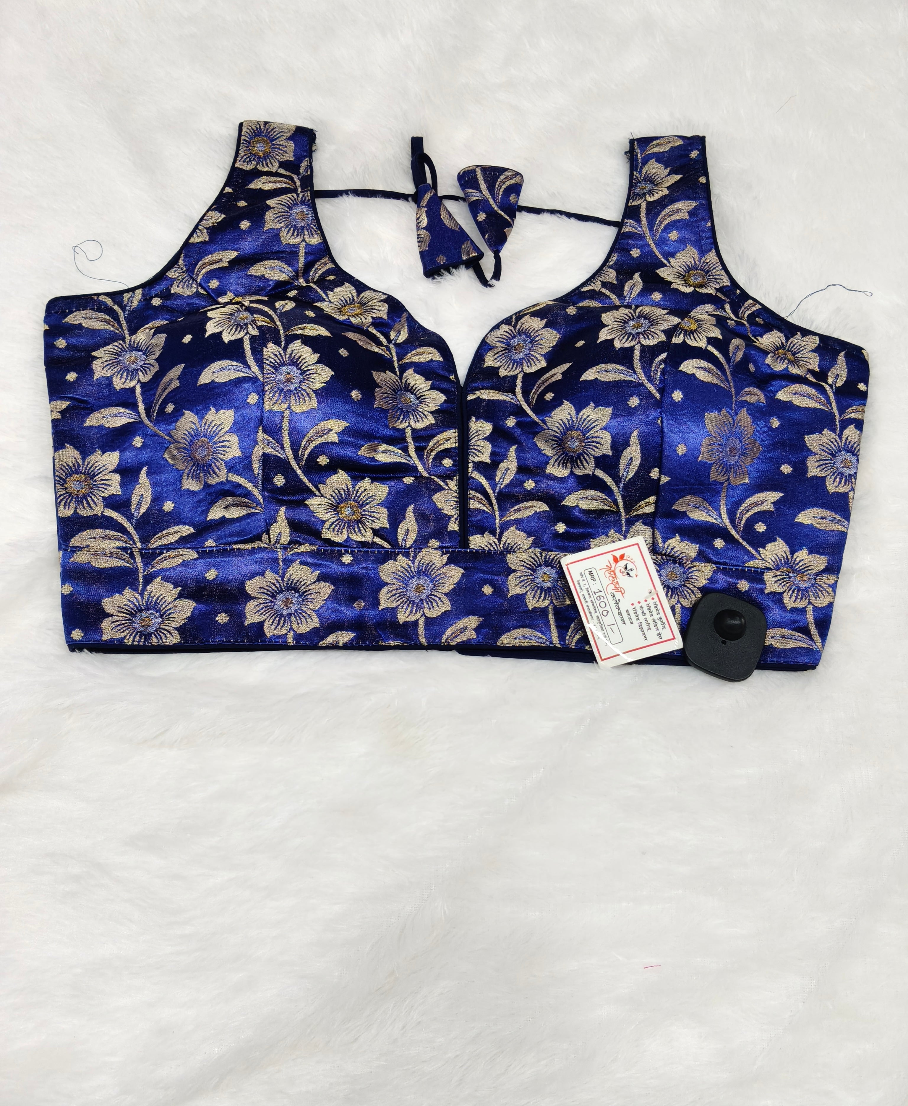 Blue Banarasi Silk Blue Velvet Floral Design Saree Blouse | Readymade