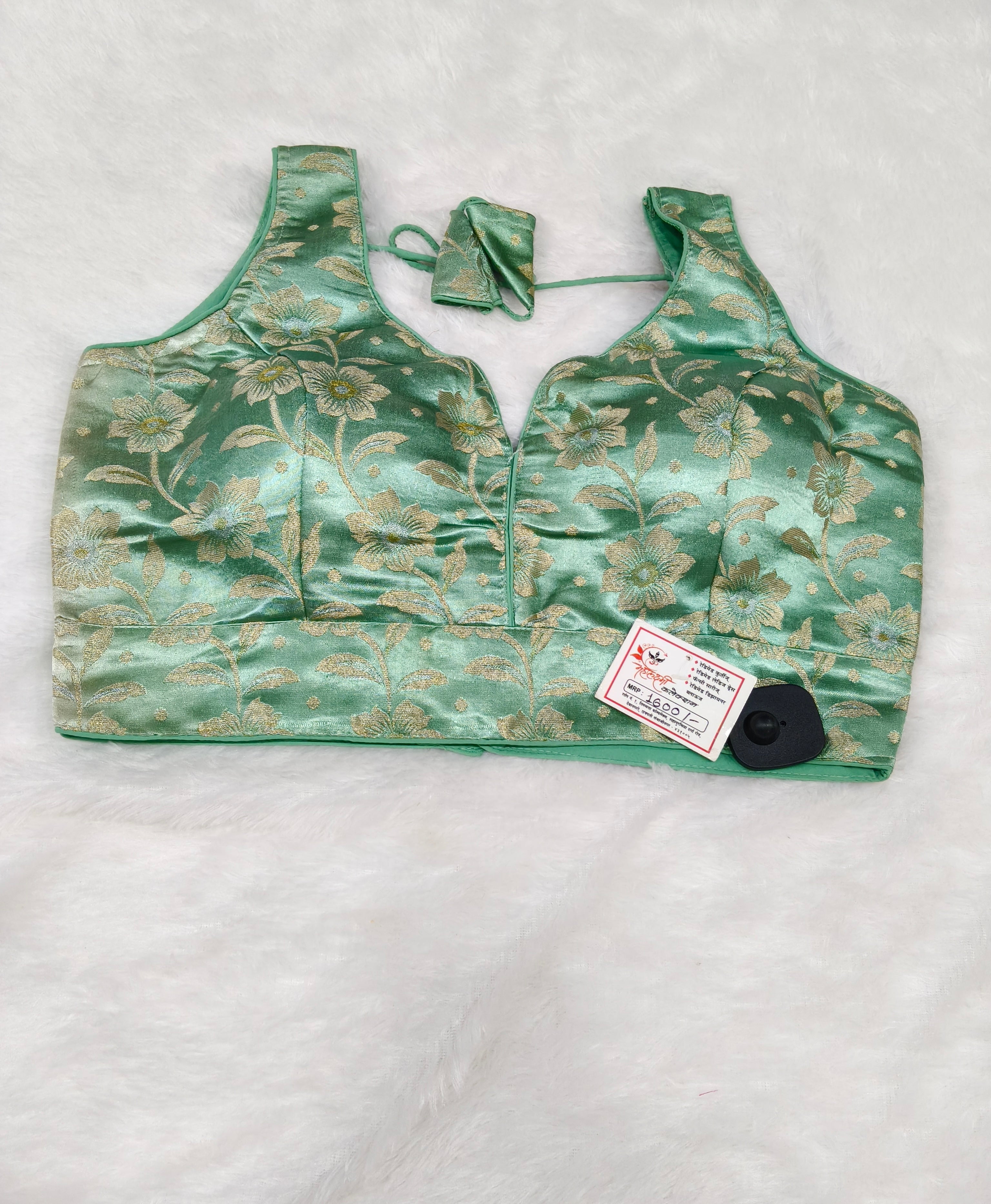 Mint Green Banarasi Silk Green Velvet Floral Design Saree Blouse | Readymade