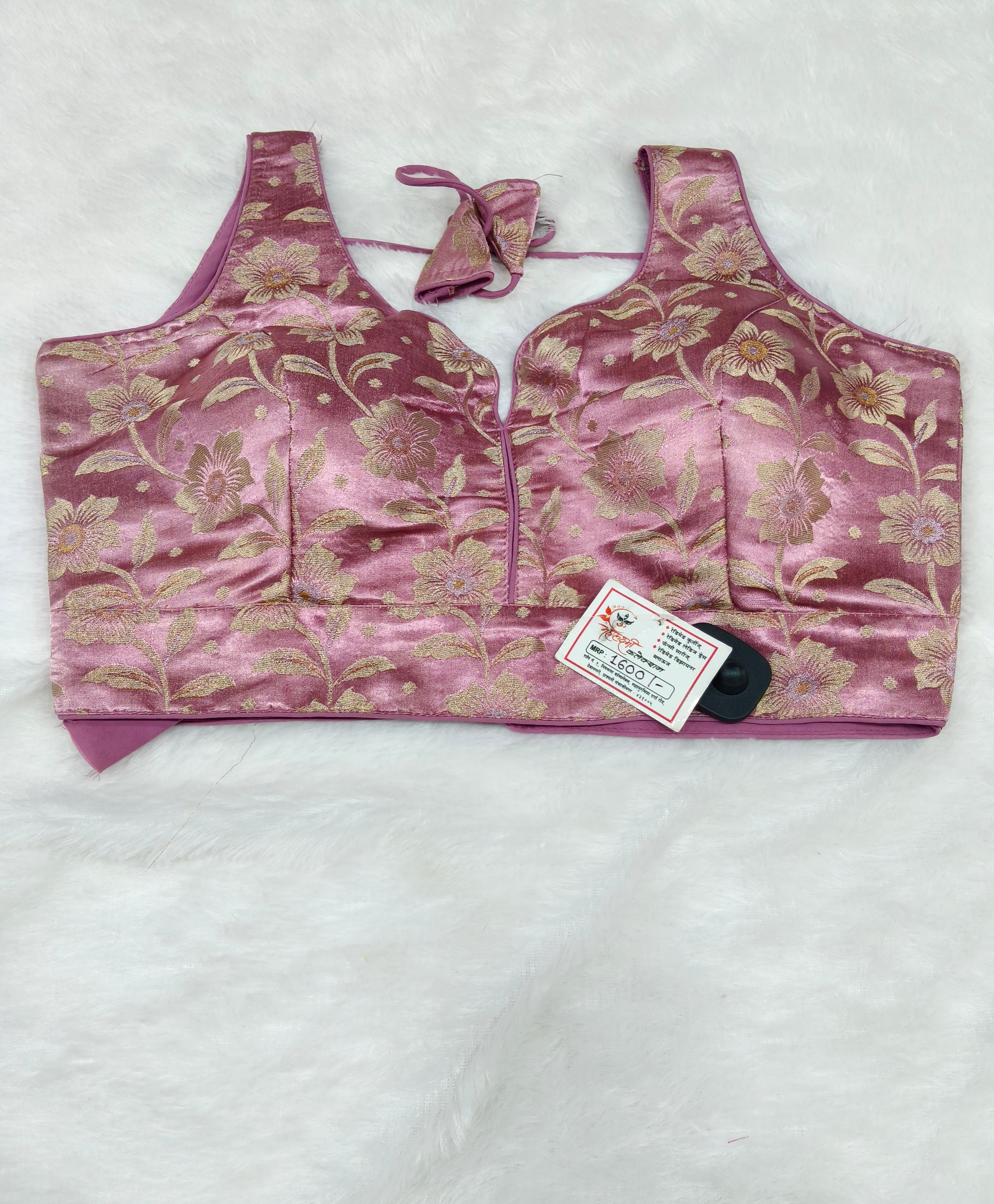 Pink Banarasi Silk Pink Velvet Floral Design Saree Blouse | Readymade