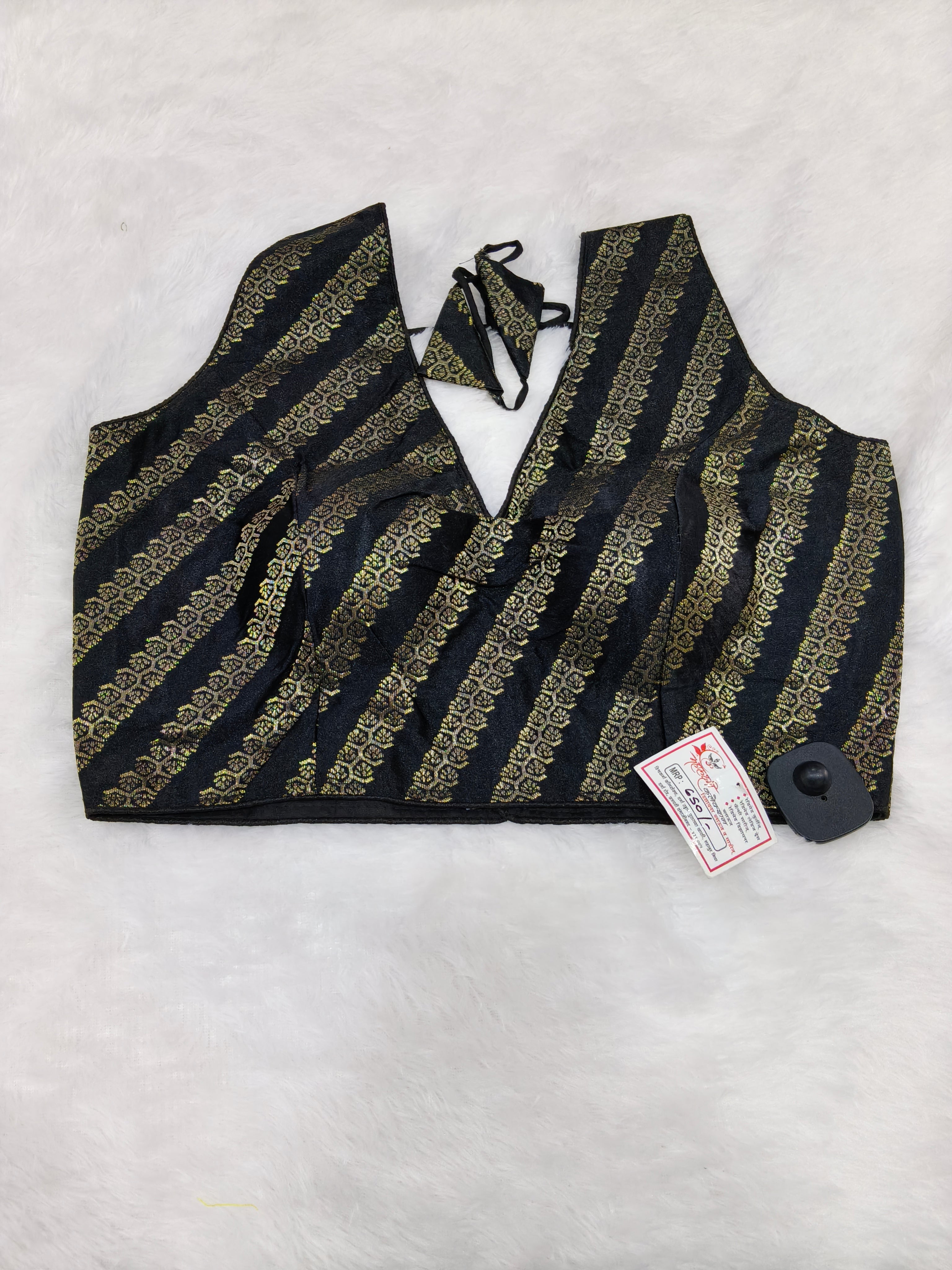 Black Banarasi Silk Leheriya Print Design Saree Blouse | Readymade