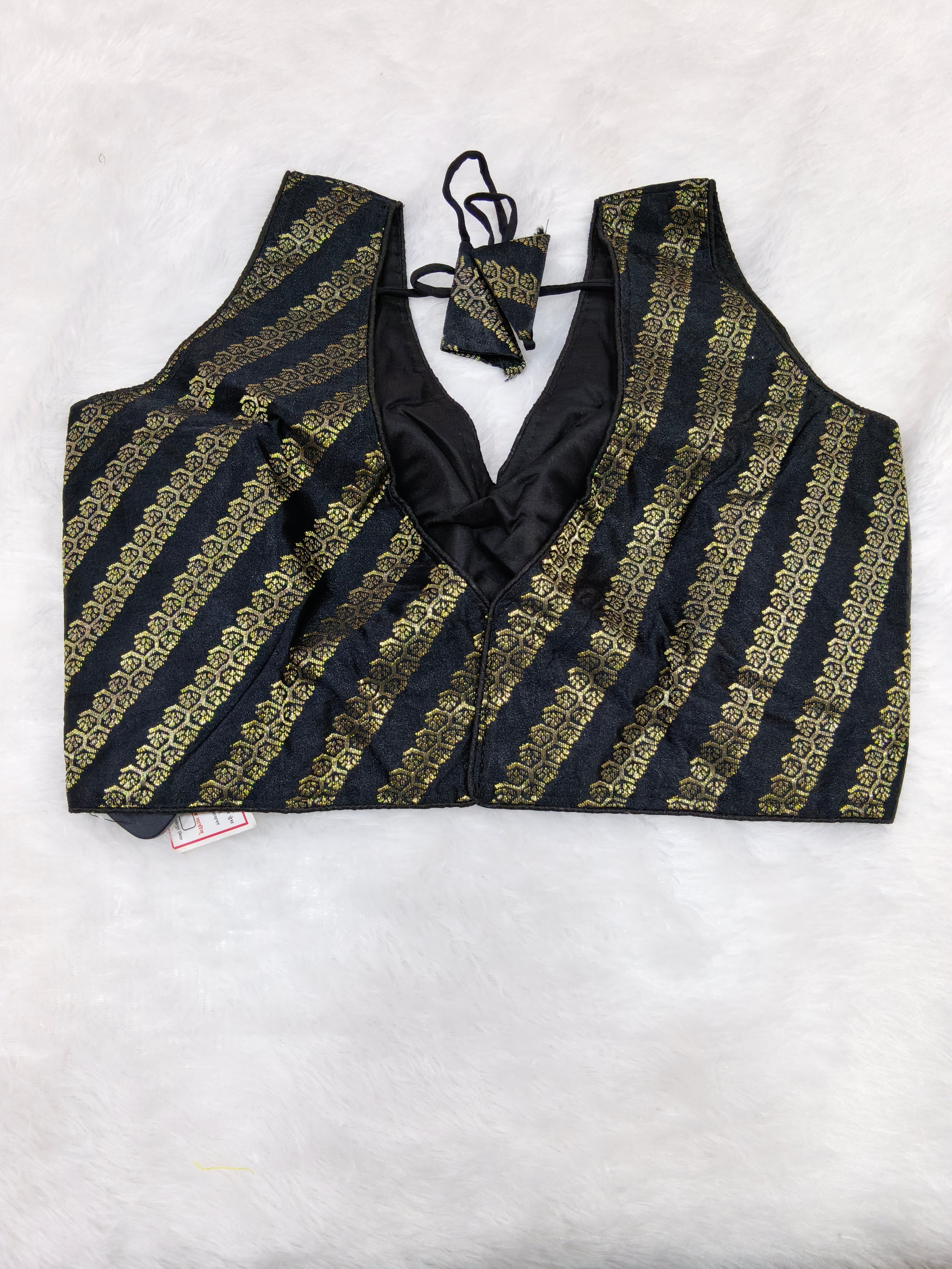 Black Banarasi Silk Leheriya Print Design Saree Blouse | Readymade