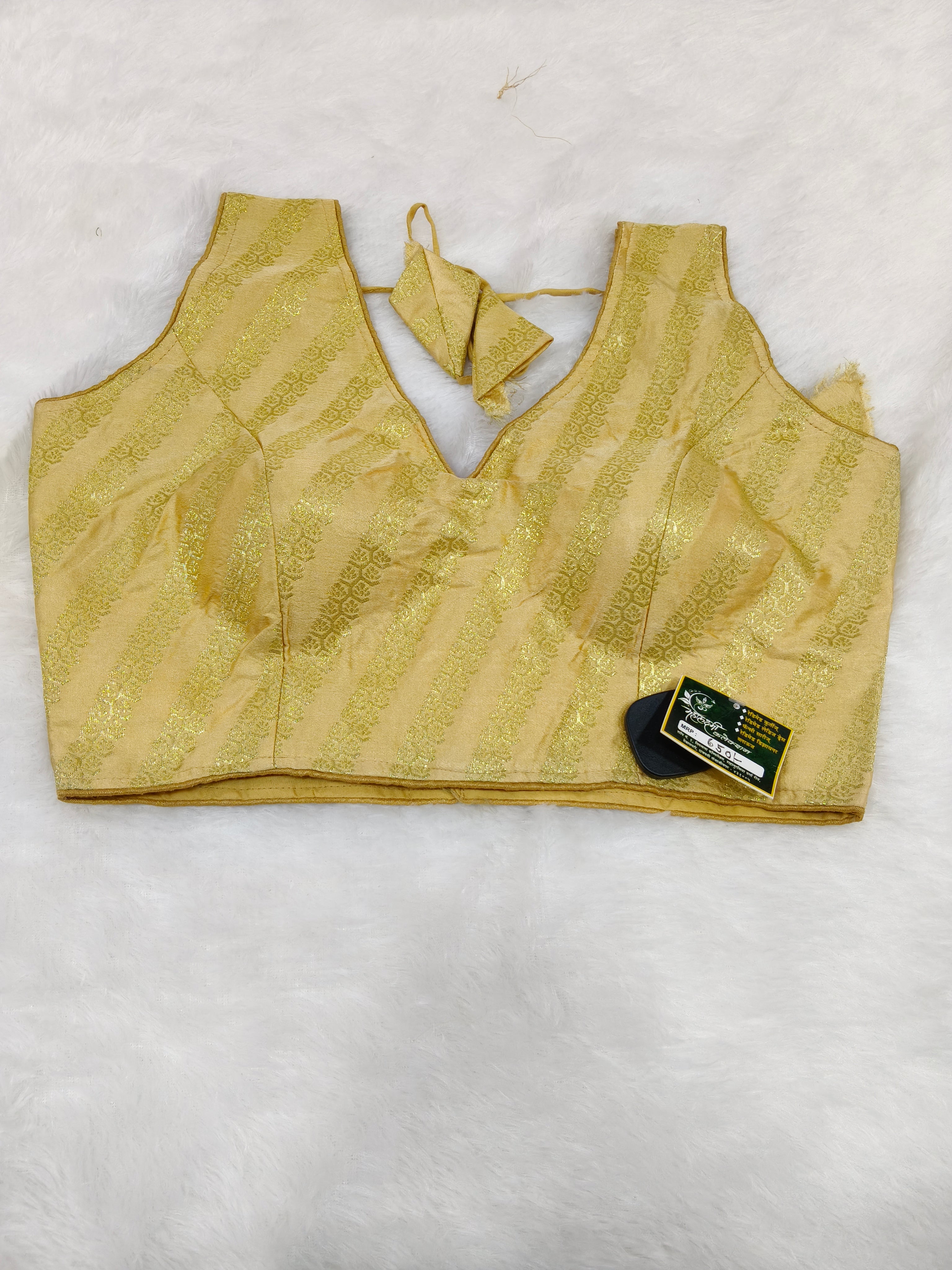 Golden Beige Banarasi Silk Leheriya Print Design Saree Blouse | Readymade