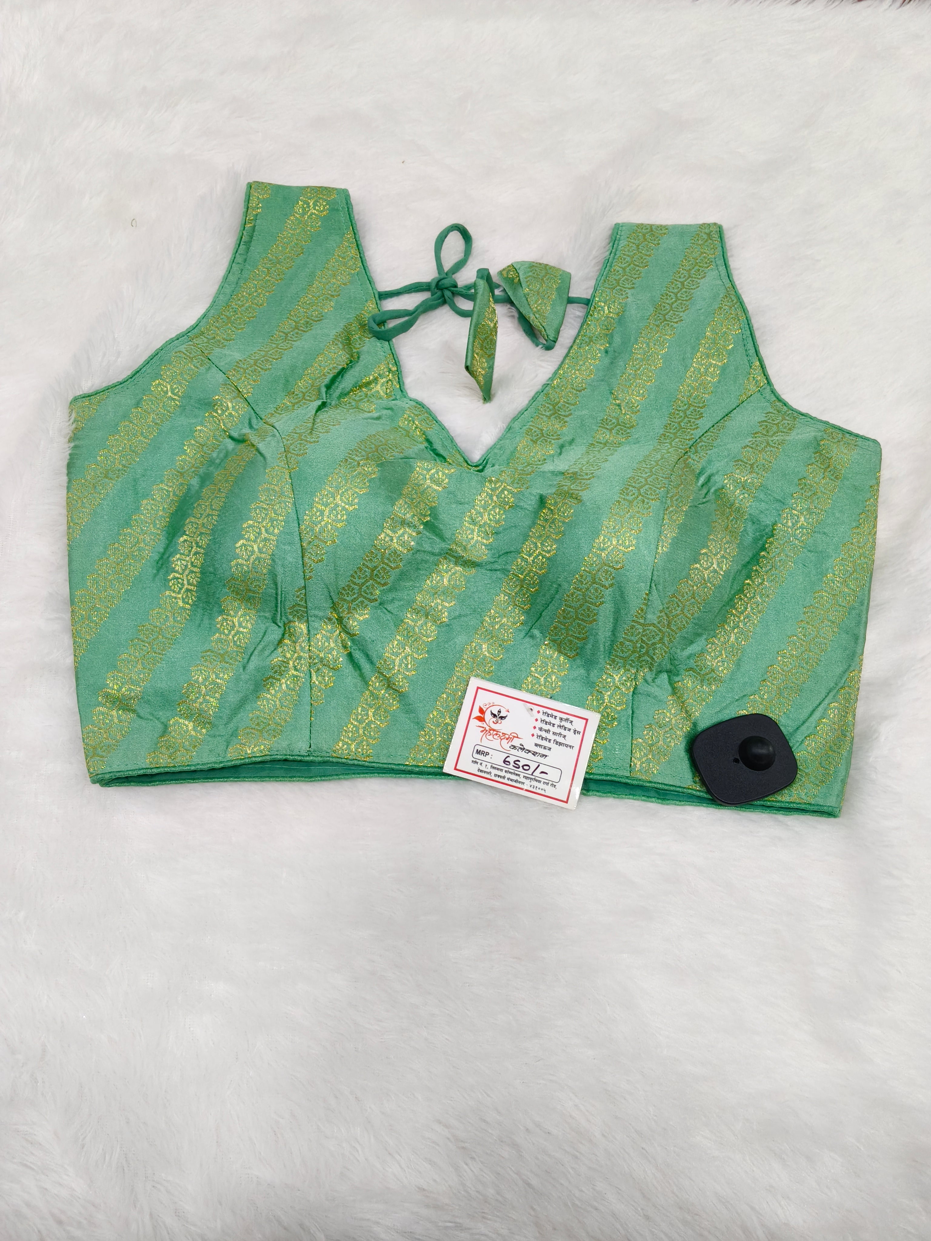 Mint Green Banarasi Silk Leheriya Print Design Saree Blouse | Readymade
