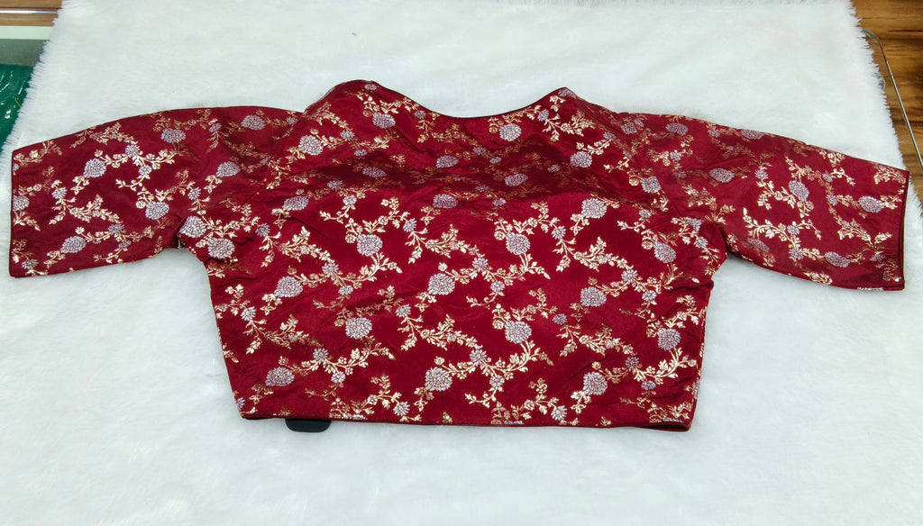 Maroon Banarasi Silk Gold Silver Brocade Design 2 Saree Blouse | Readymade