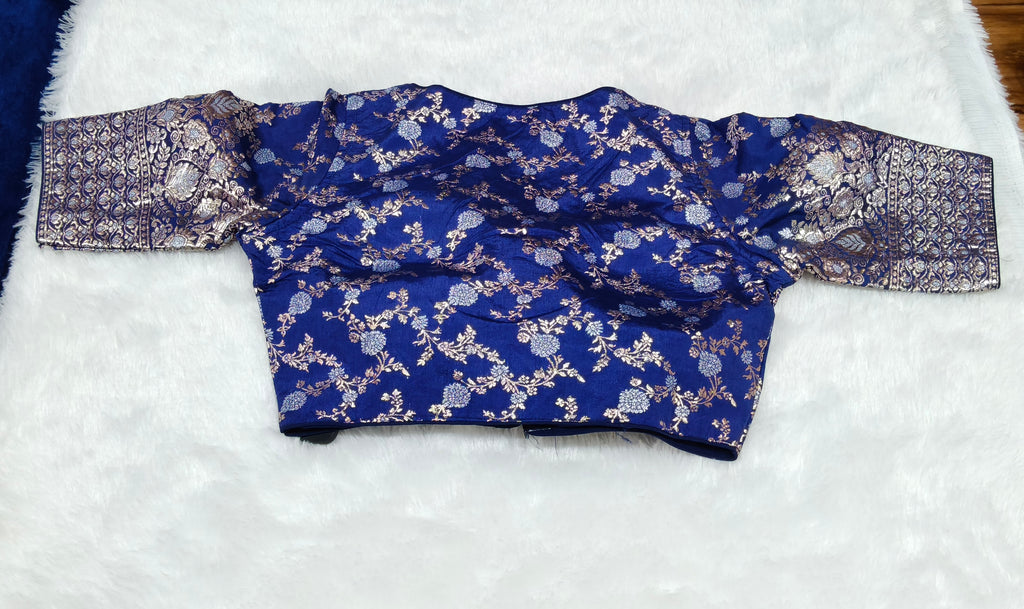 Royal Blue Banarasi Silk Gold Silver Brocade Design 3 Saree Blouse | Readymade