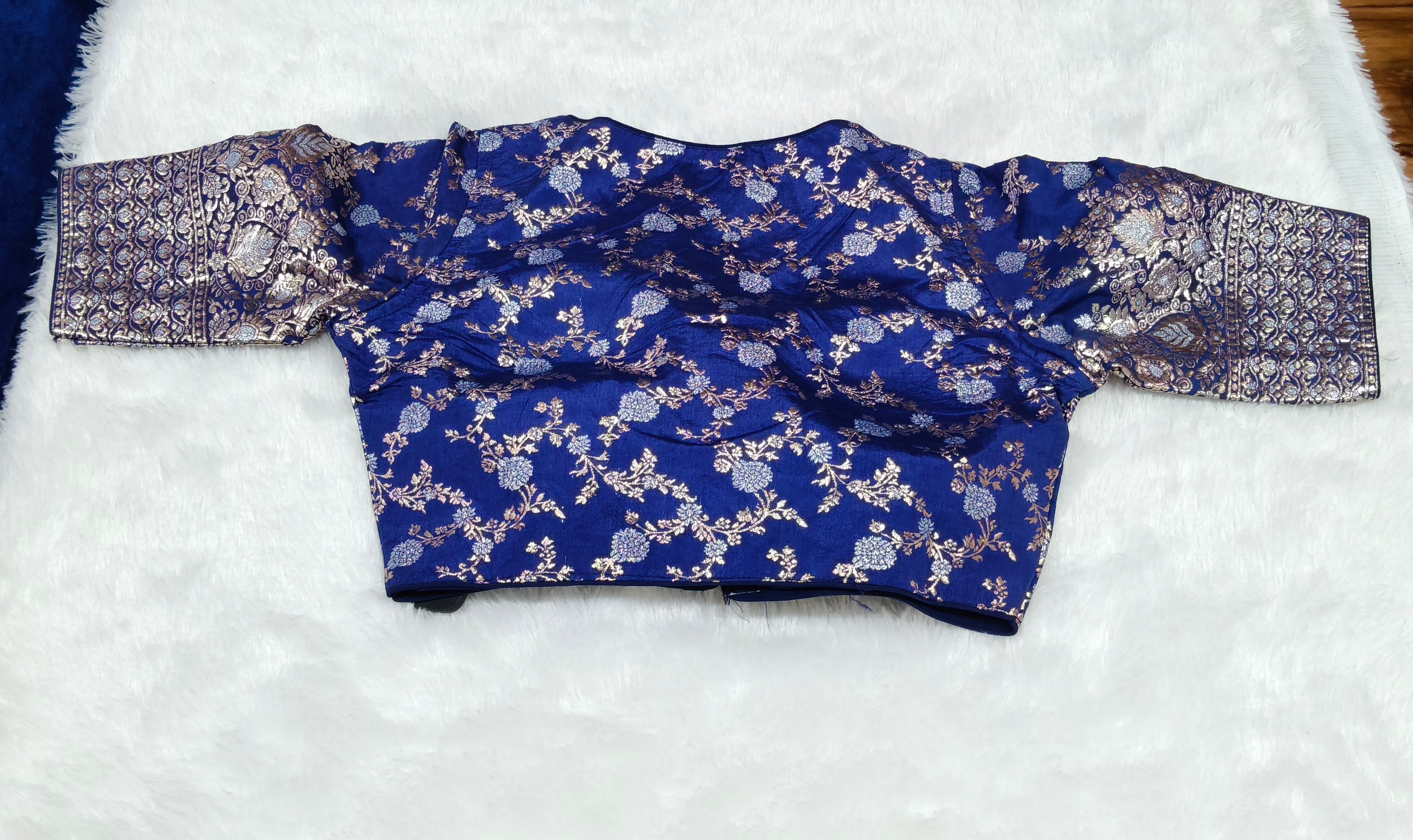 Royal Blue Banarasi Silk Gold Silver Brocade Design 3 Saree Blouse | Readymade