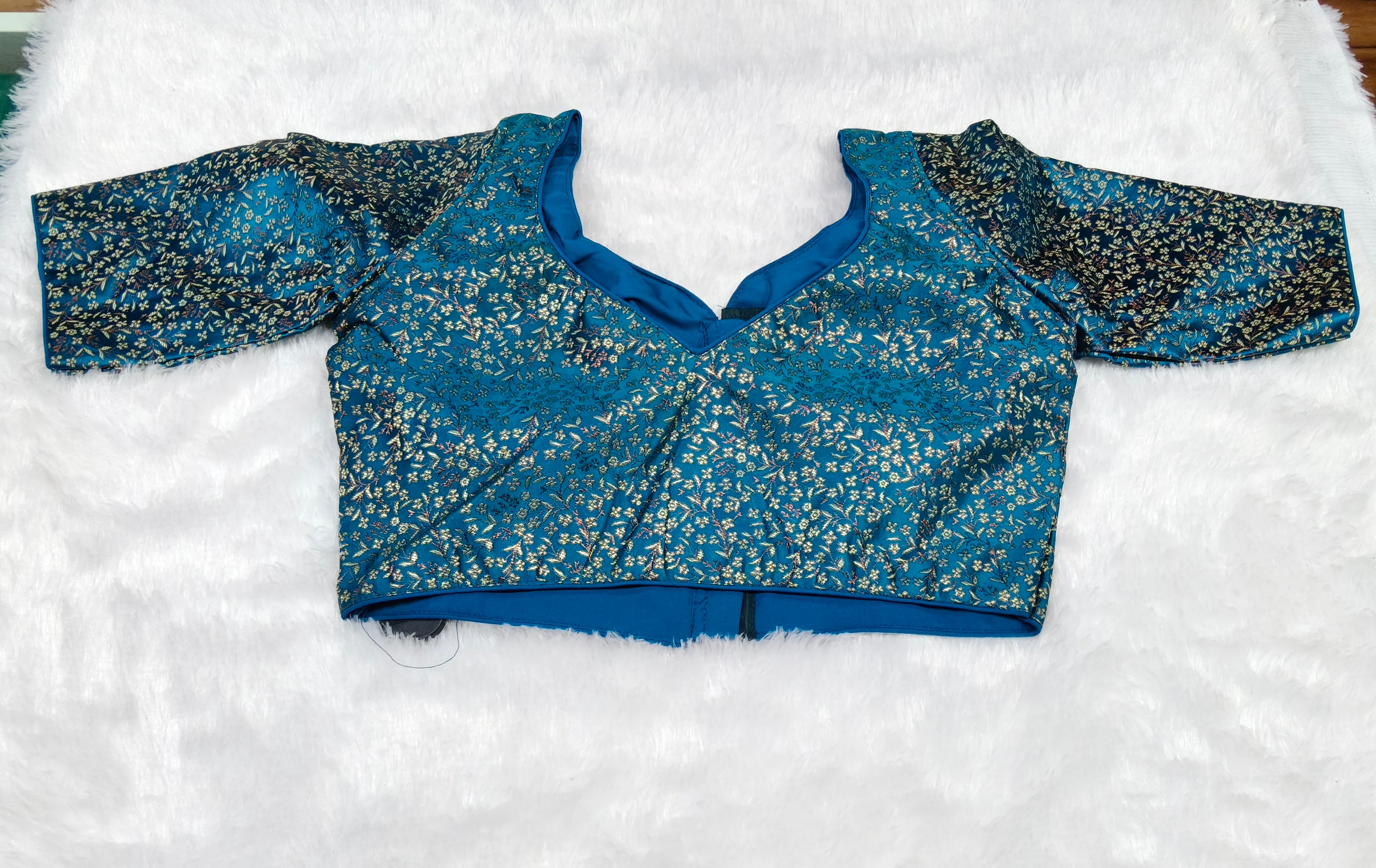Peacock Blue Banarasi Silk Small Brocade Design Saree Blouse | Readymade