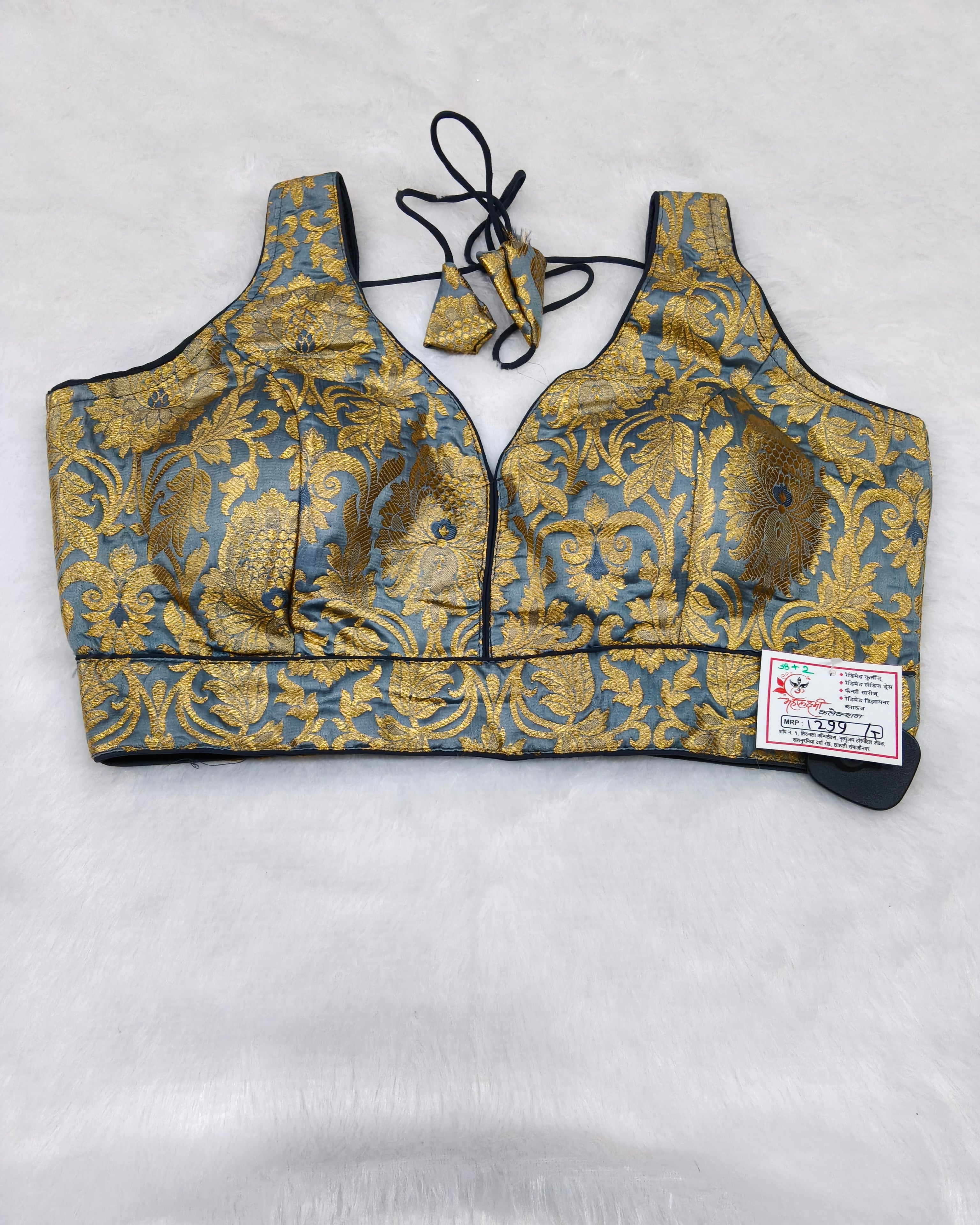 Steel Grey Banarasi Silk Big Brocade Design 3 Saree Blouse | Readymade