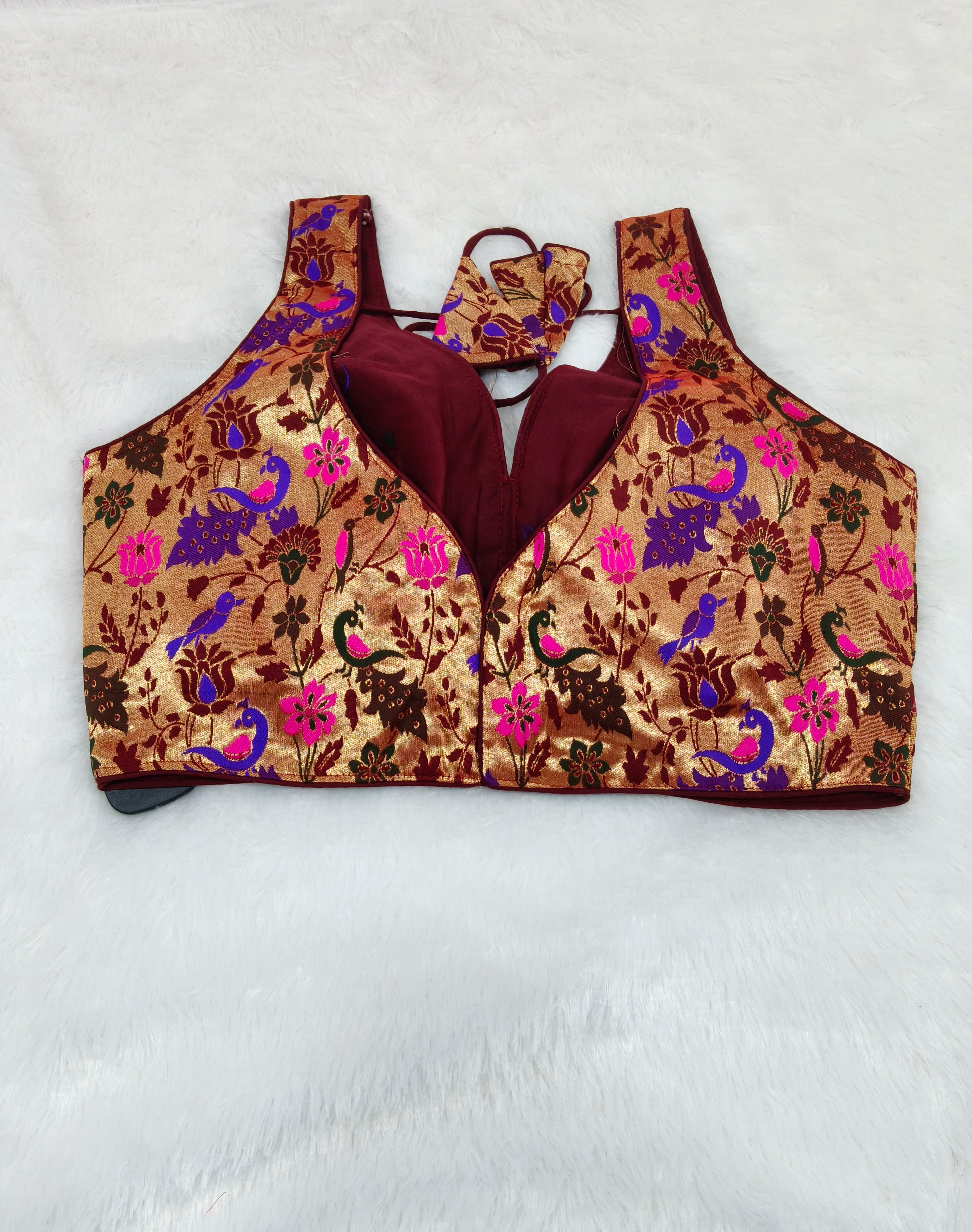 Golden Copper Paithani Brocade Silk Designer Saree Blouse | Readymade