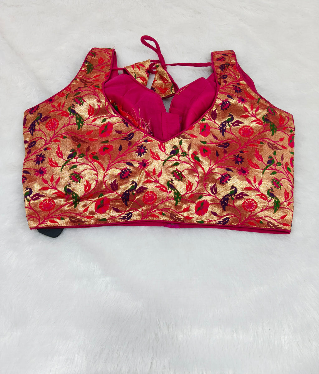 Golden Pink Paithani Brocade Silk Designer Saree Blouse | Readymade