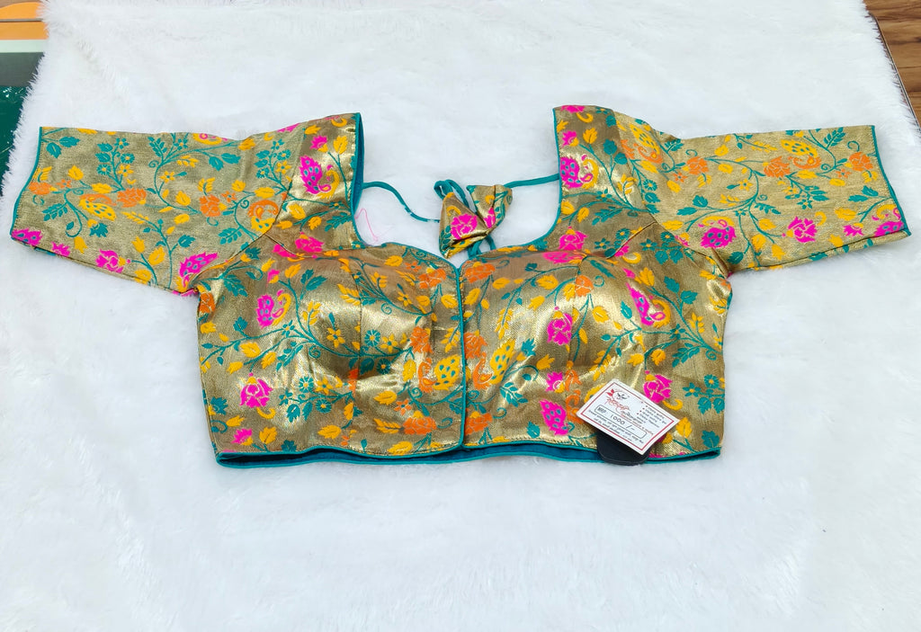 Golden Teal Paithani Brocade Silk Designer Saree Blouse | Readymade