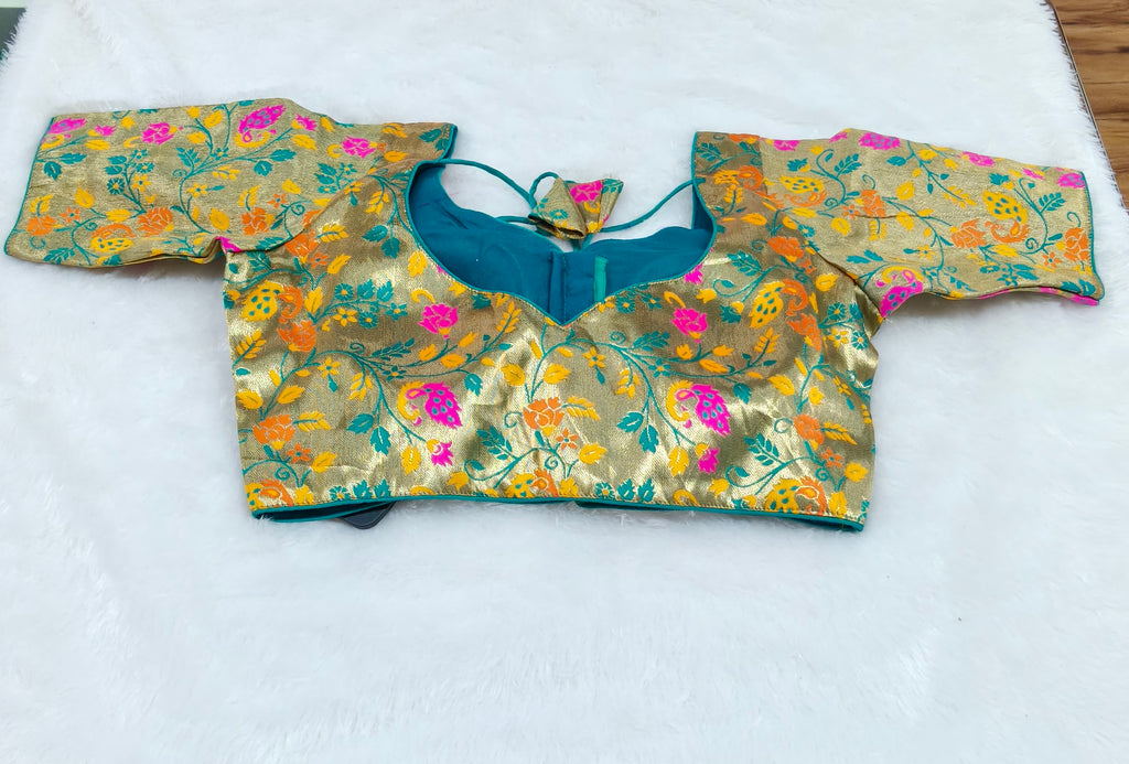 Golden Teal Paithani Brocade Silk Designer Saree Blouse | Readymade