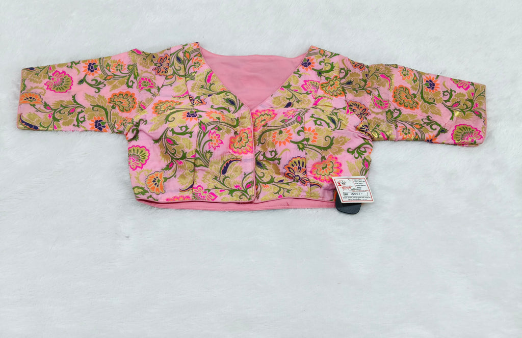 Baby Pink Floral Brocade Silk Designer Saree Blouse | Readymade