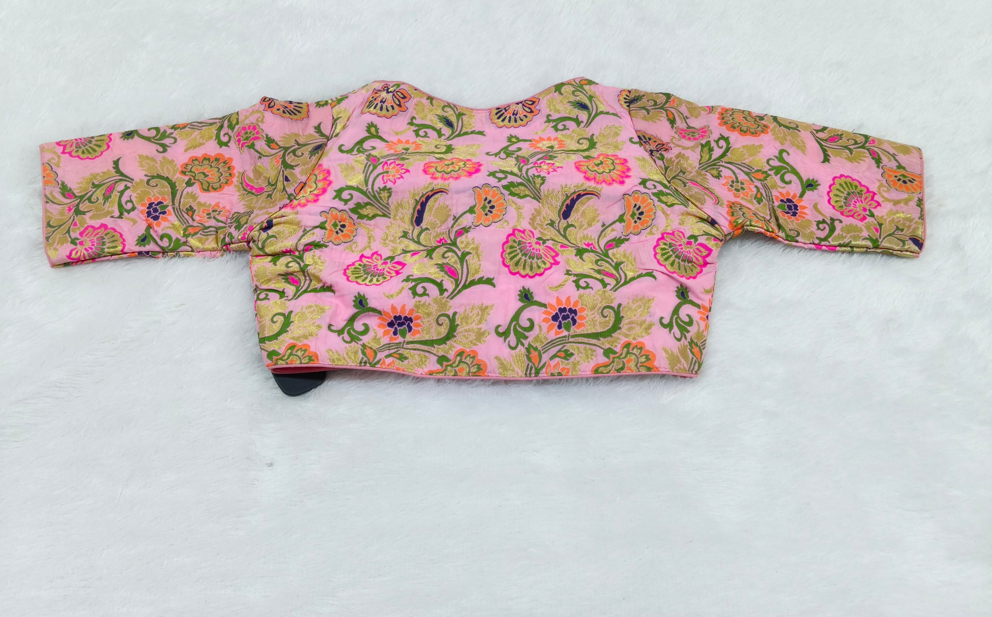 Baby Pink Floral Brocade Silk Designer Saree Blouse | Readymade