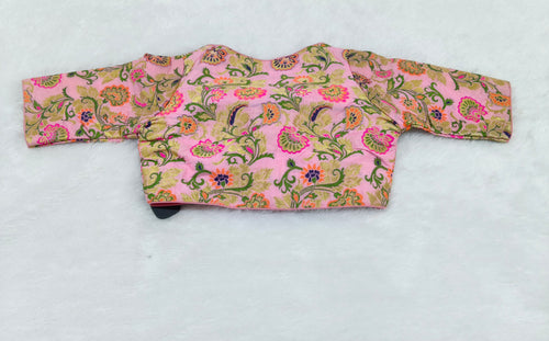 Baby Pink Floral Brocade Silk Designer Saree Blouse | Readymade