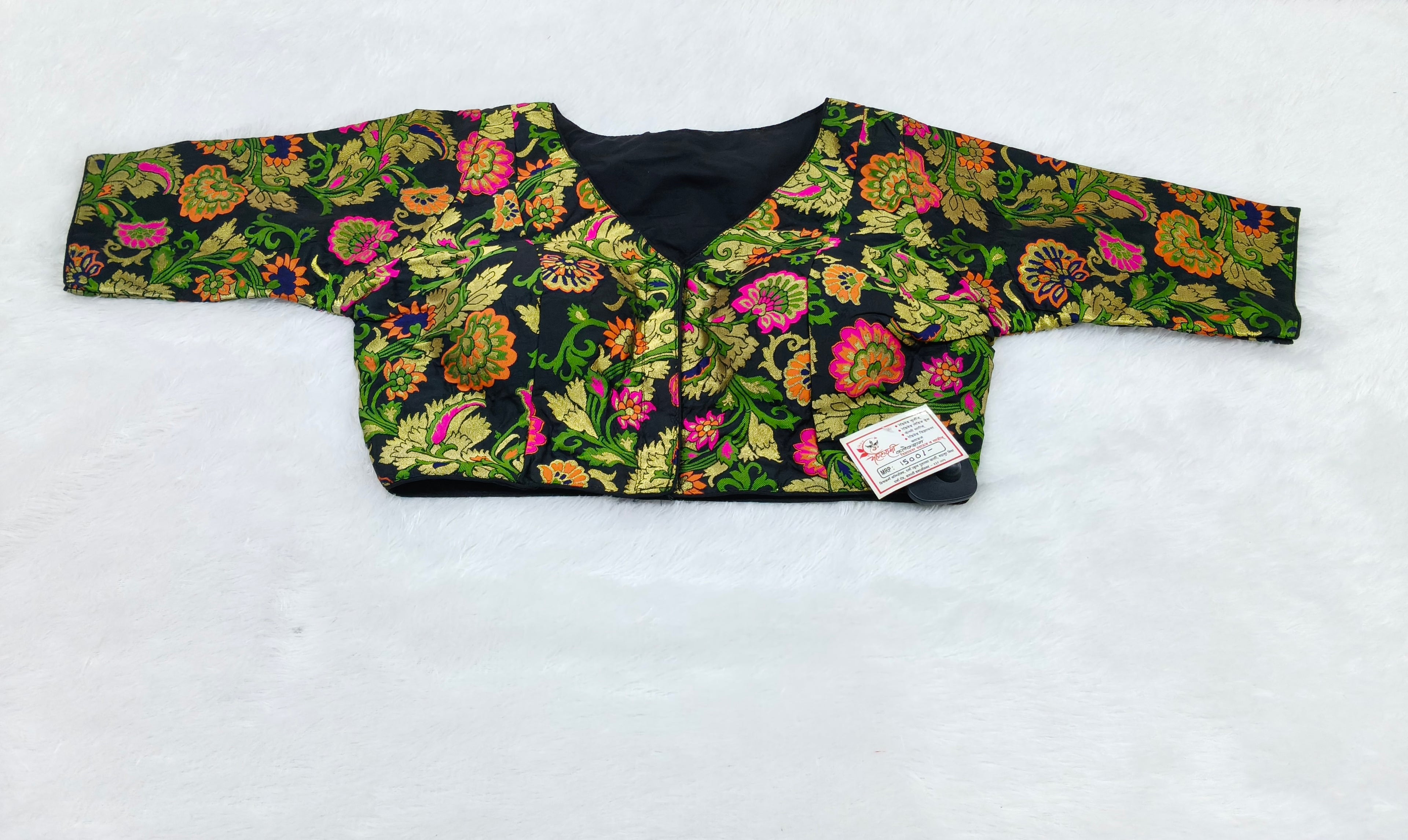 Black Floral Brocade Silk Designer Saree Blouse | Readymade