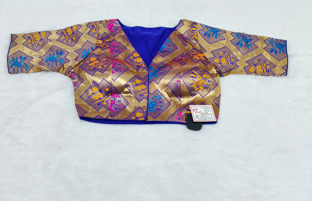 Golden Purple Geometric Brocade Silk Designer Saree Blouse | Readymade