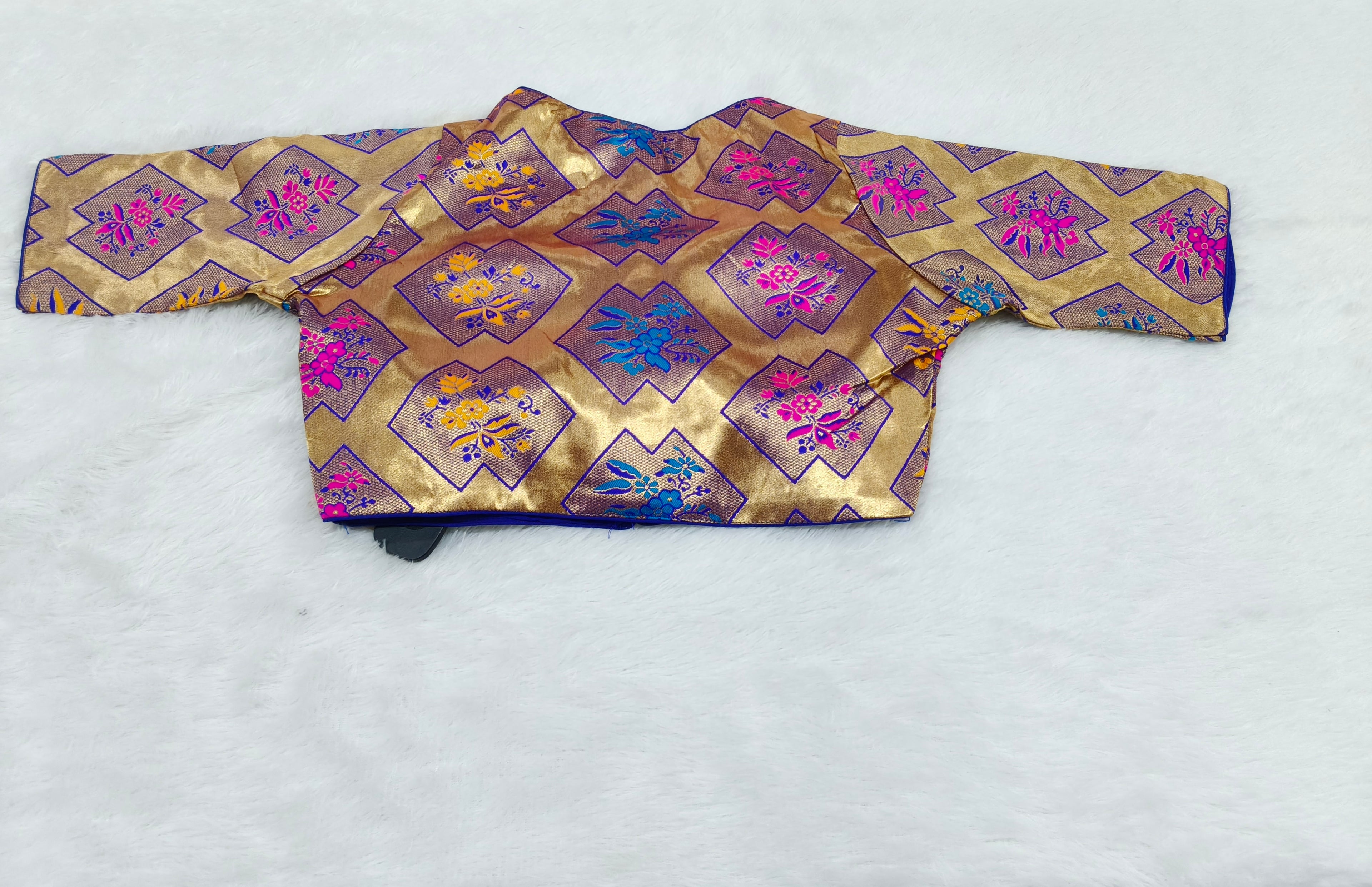 Golden Purple Geometric Brocade Silk Designer Saree Blouse | Readymade