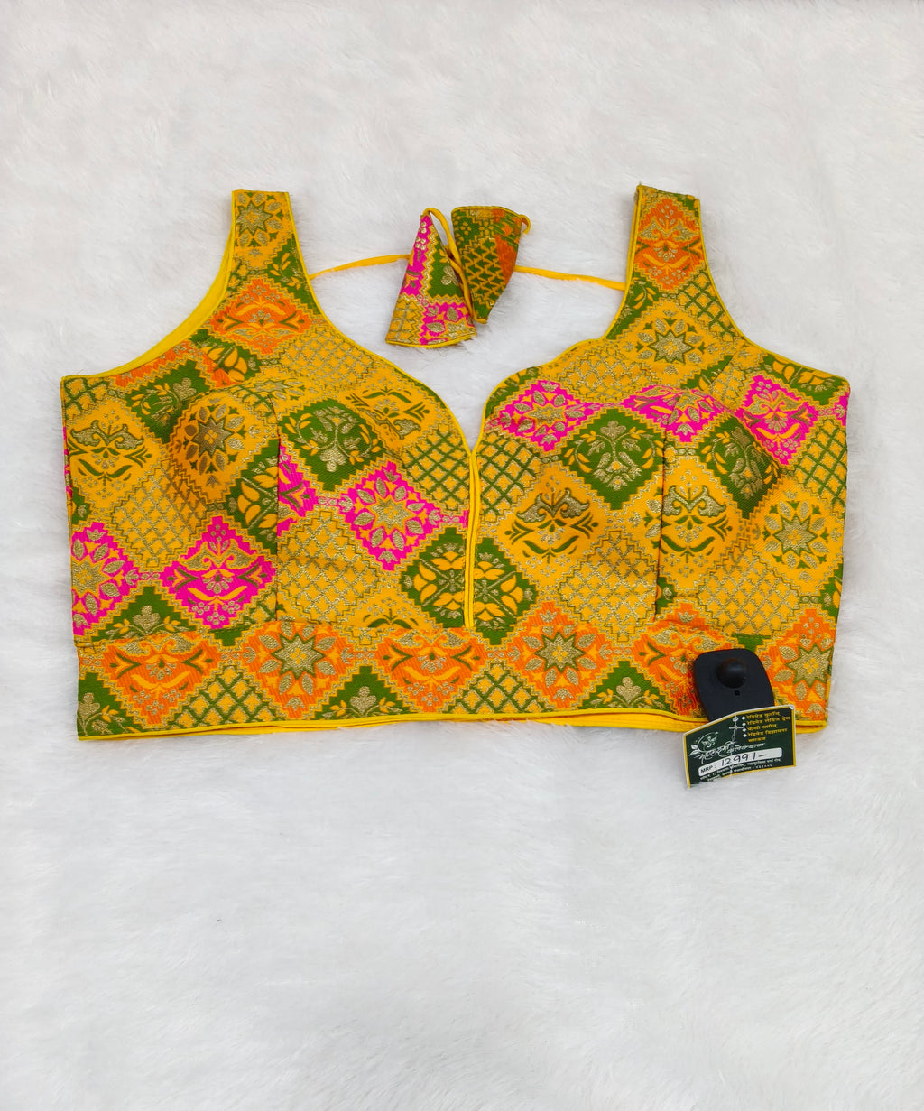 Yellow Multi Colour Silk Designer Saree Blouse | Readymade