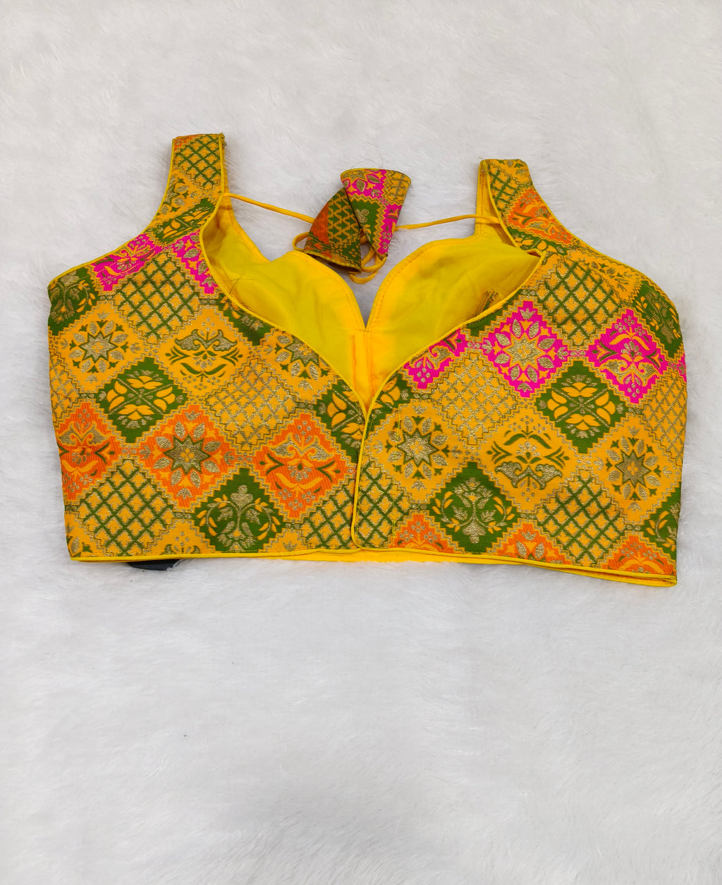 Yellow Multi Colour Silk Designer Saree Blouse | Readymade