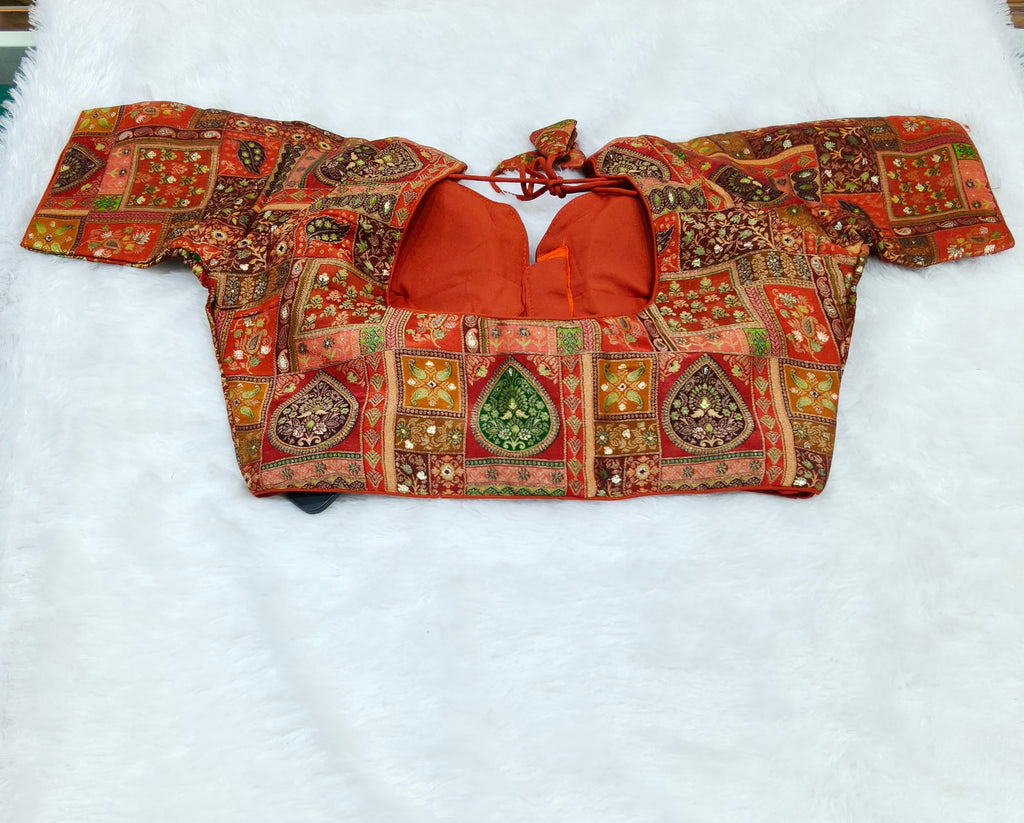 Rust Orange Multi Colour 3 Silk Designer Saree Blouse | Readymade