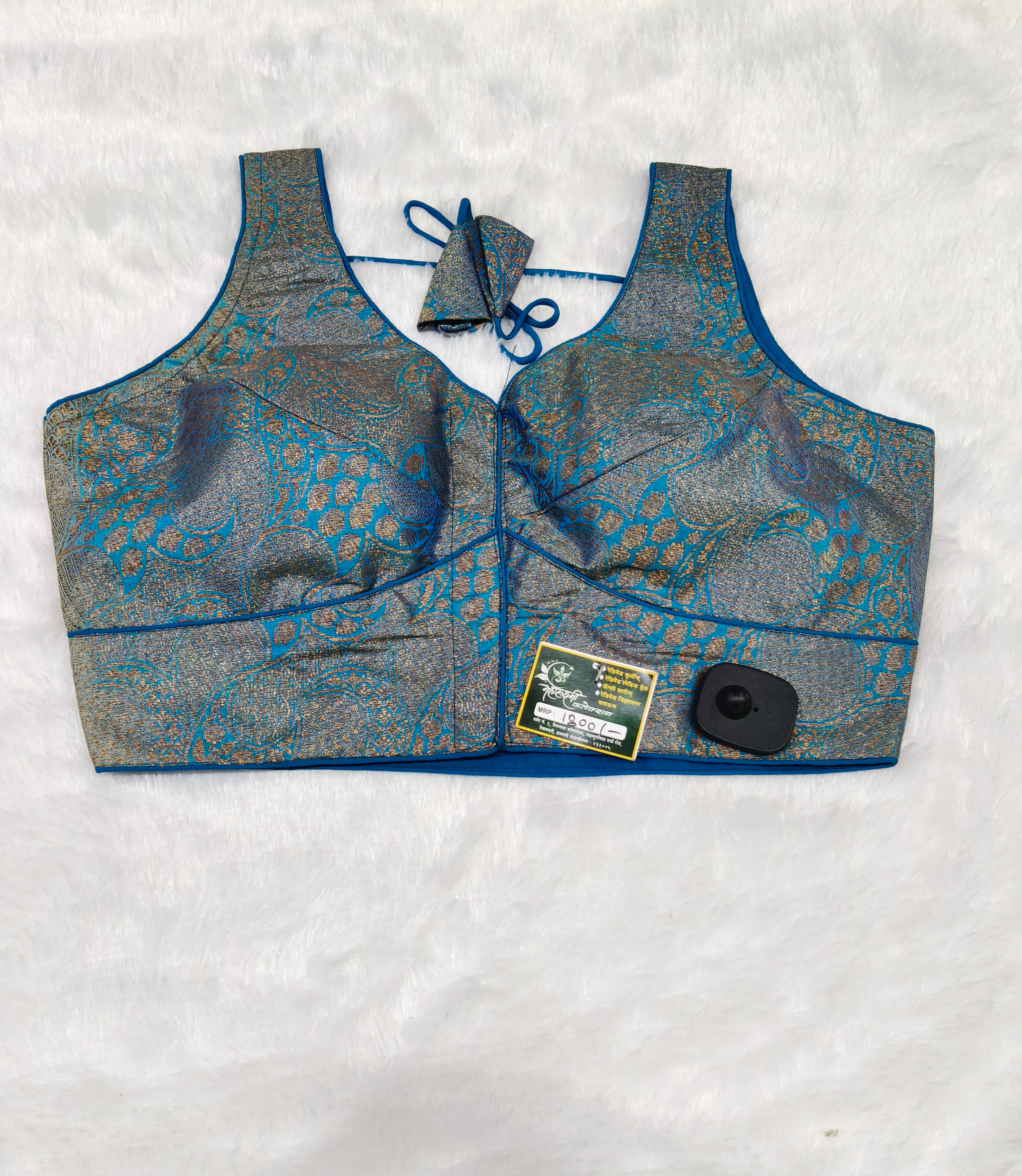 Teal Blue Banarasi Silk Copper Design Saree Blouse | Readymade